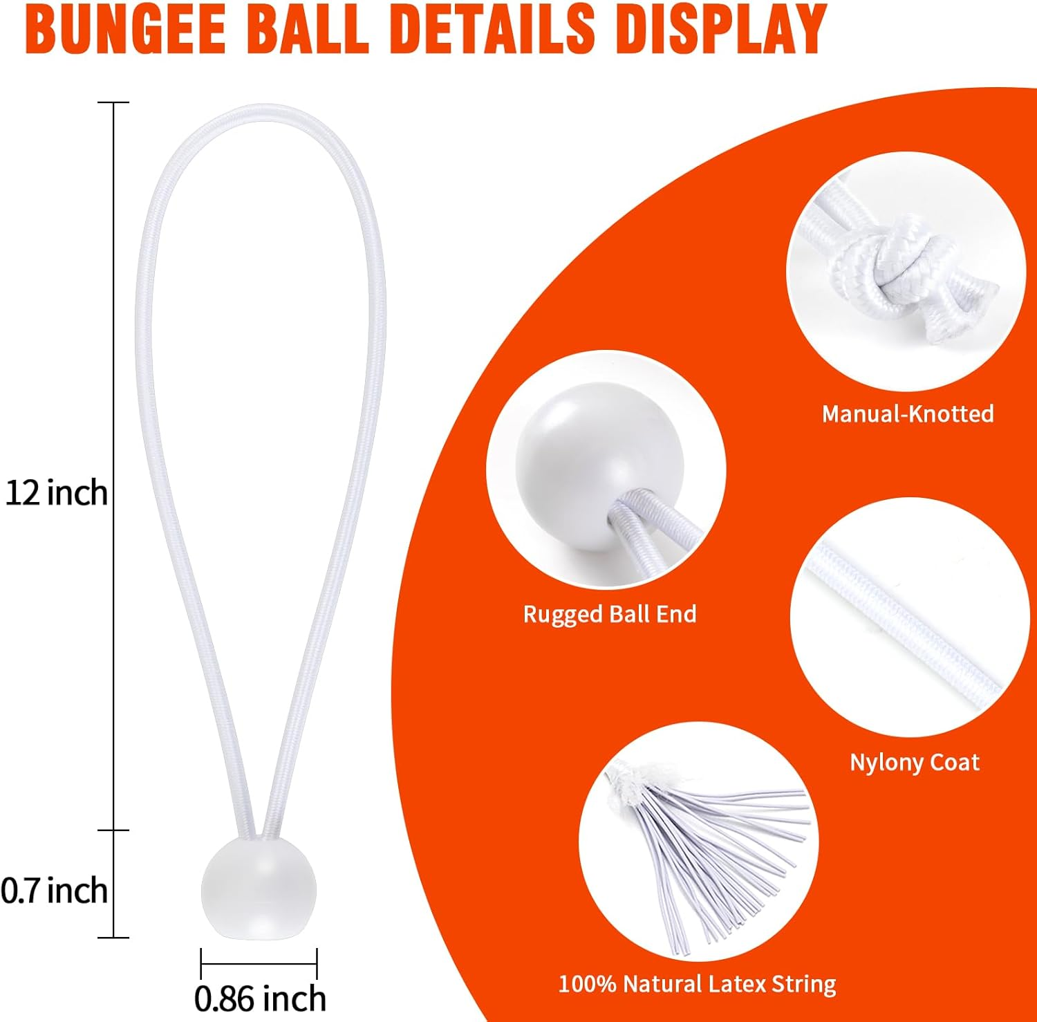 Tarp Cords with Ball 12 Inch, White Tent Bungee Cords Heavy Duty Tie down for Outdoor Canopy, Tents, Cargo, Shelter, Gazebo with Uv-Resistant (60 PCS) image number 4