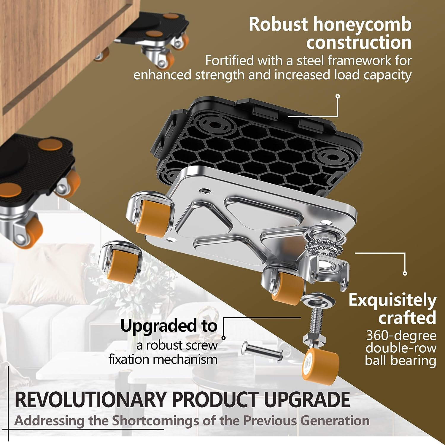 ONEON Furniture Mover Pro Set - Enhanced Dolly and Lifter with Custom TPE Wheels for Easy Furniture Lifting and Moving - Professional Tool for Effortless Furniture Transport (Black 4Dollies + 1Lifter) image number 2