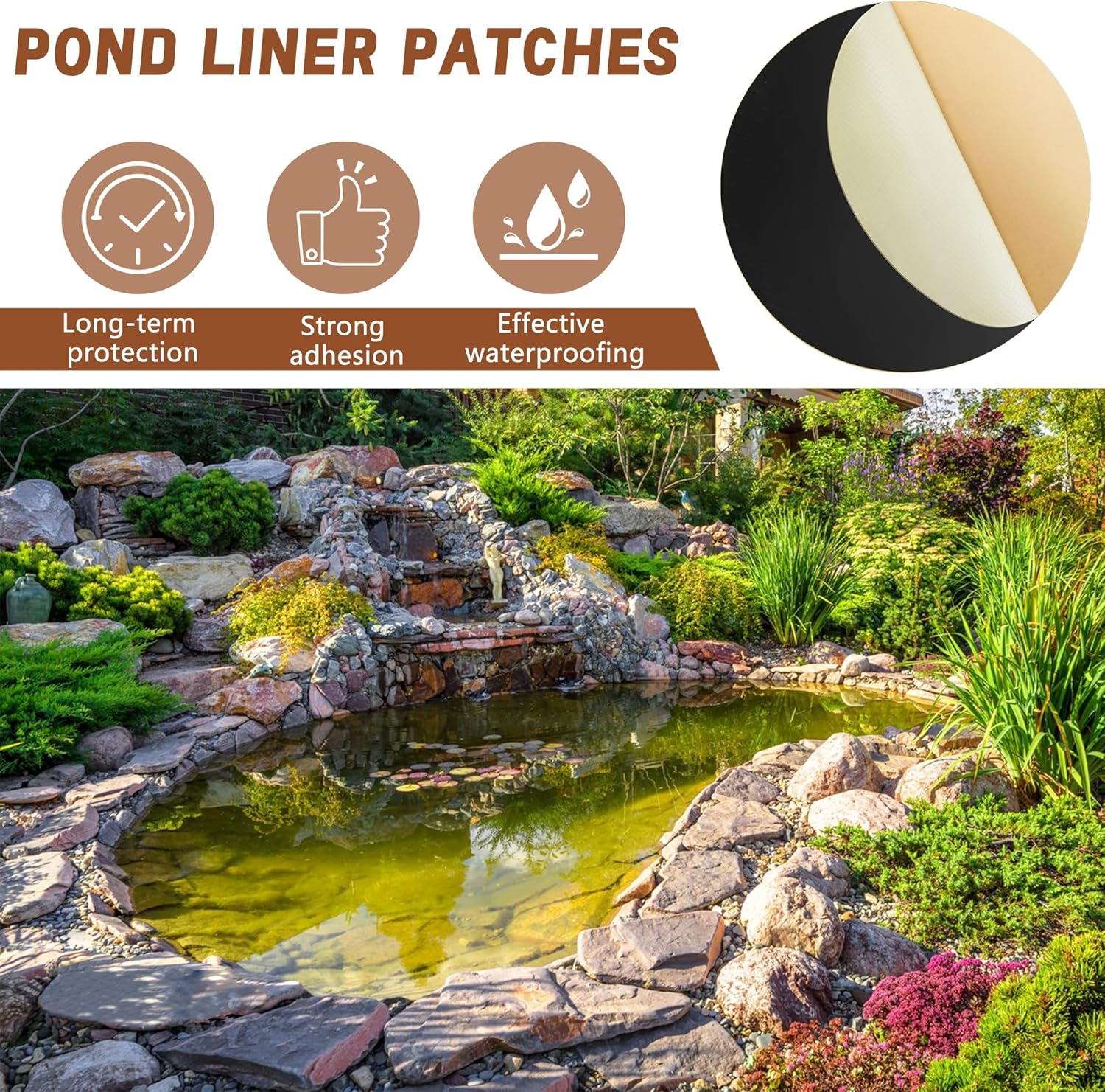 Adnee 2 Pcs Pond Liner Repair Patch-10 Inches round Self-Adhesive EPDM Liner Repair Patch Kit-Thickened Rubber Pond Liner Seam for EPDM Garden Pond Patch Cover Repair - 10Inch-Square image number 7