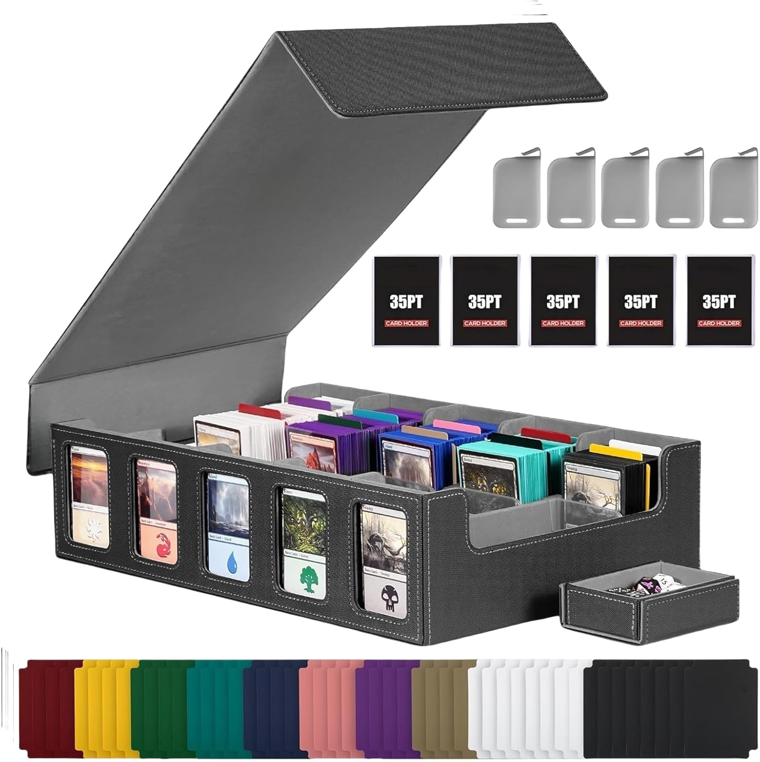 Cyperever Trading Card Storage Box with Commander Display, 5-Row Deck Case with Removable Lid; 3900+ Card Deck Box for MTG TCG Sports Cards, 5 Toploaders, 5 Stoppers, 48 Dividers,1 Dice Tray (Black) image number 2