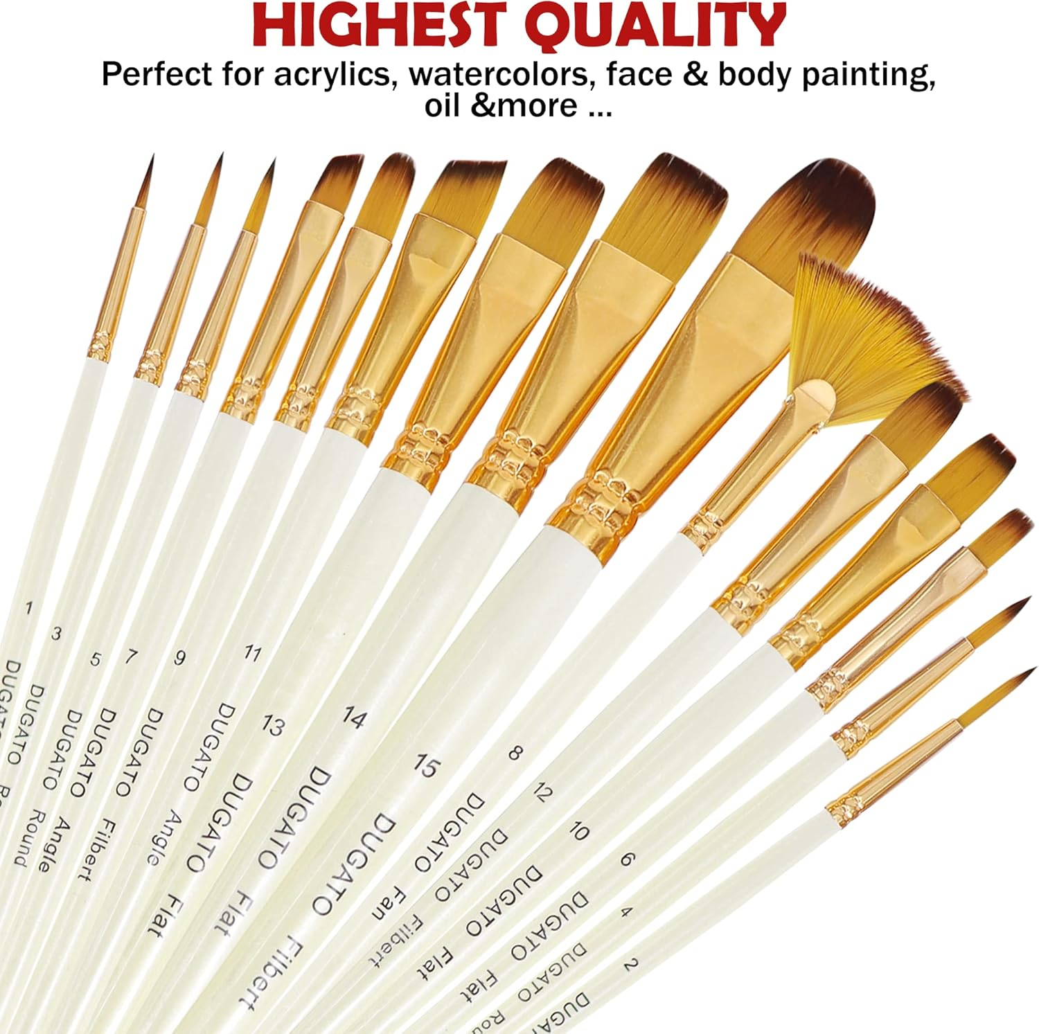 DUGATO 15 Piece Artist Paint Brush Set - Anti-Shedding Nylon Hair Brushes with Comfortable Grip for Acrylic, Watercolor, Oil, Gouache & Crafts - Suitable for All Skill Levels, Beginners, and Hobbyists