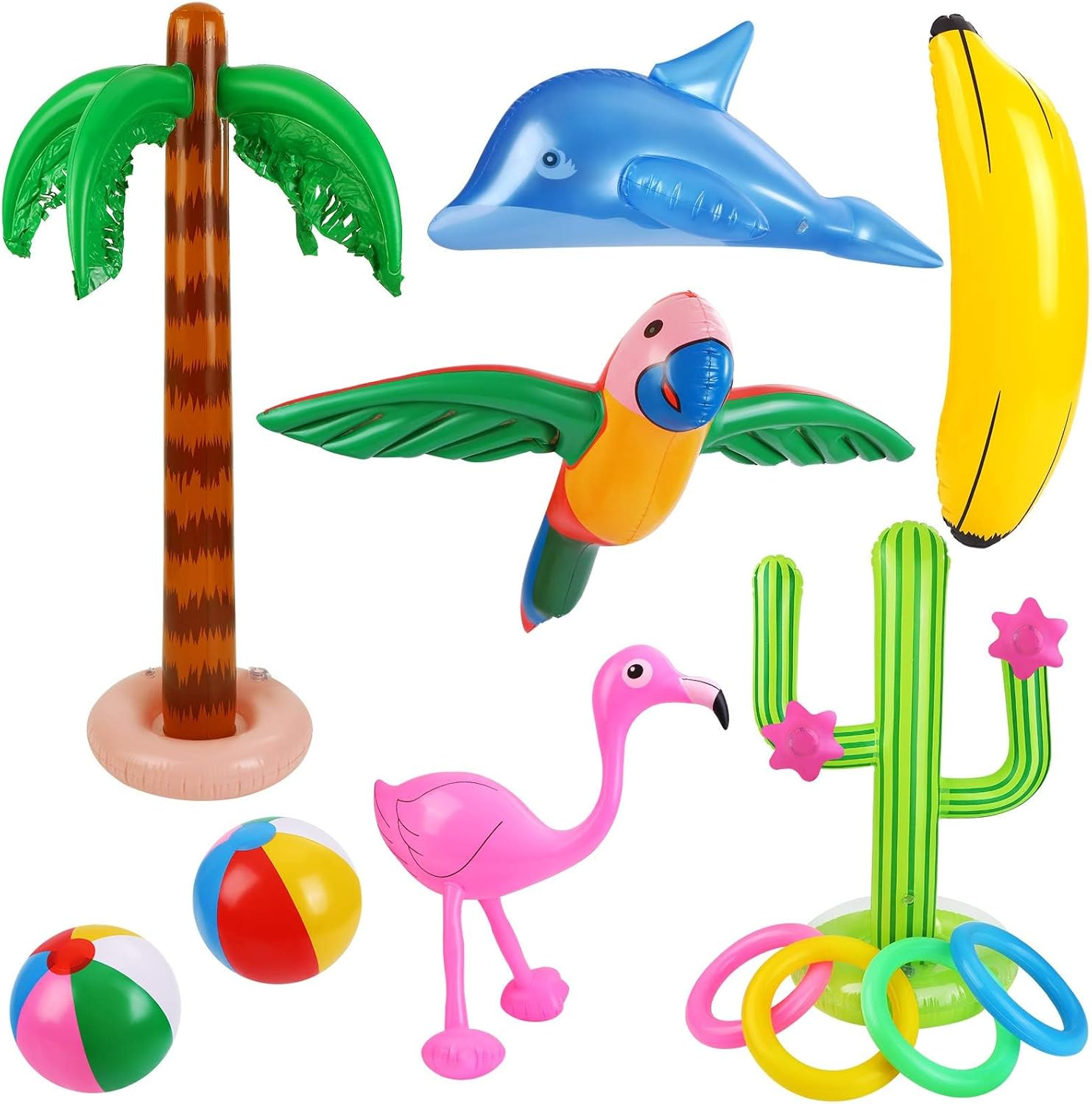 Ruisita Hawaiian Party Inflatable Toy Set Cactus with 8 Loops Palm Tree Flamingo Wingless Parrot 2 Pieces Beach Ball Dolphin Banana for Swimming Pool Beach Luau Fiesta Party Decor image number 2