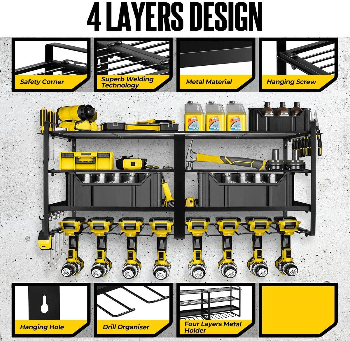 AUSWAY Power Tool Organiser 4 Tier Garage Shelving Unit Wall Mounted Metal Storage Rack Shelves Warehouse Drill Wrench Holder Hanger image number 5