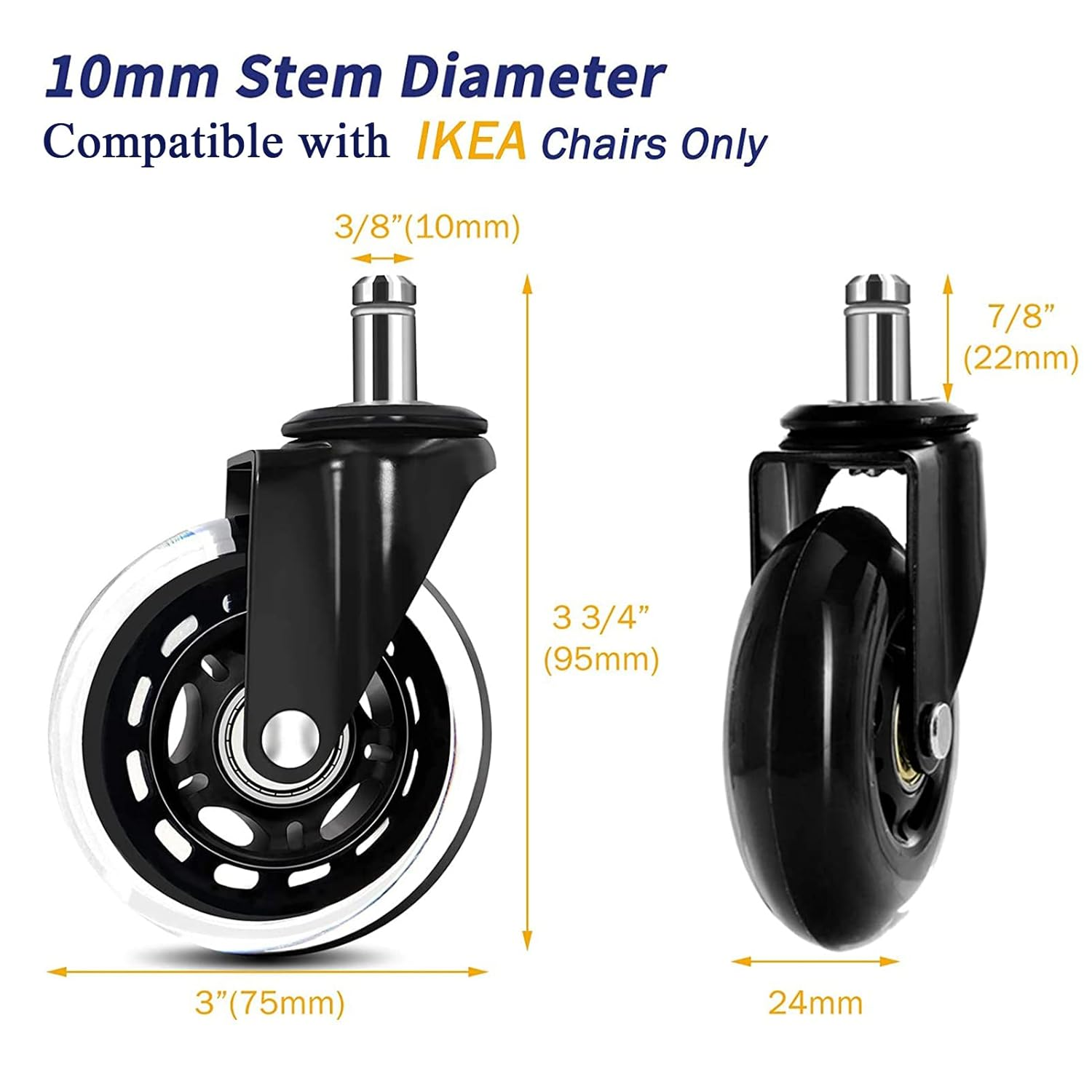 Office Chair Wheels for IKEA Chairs ,10Mm Stem (Set of 5), 3" Heavy Duty Replacement Swivel Rubber Casters Quiet & Smooth Rolling for Ikea Chair Casters, Protection for Hardwood Floors or Carpet. image number 1
