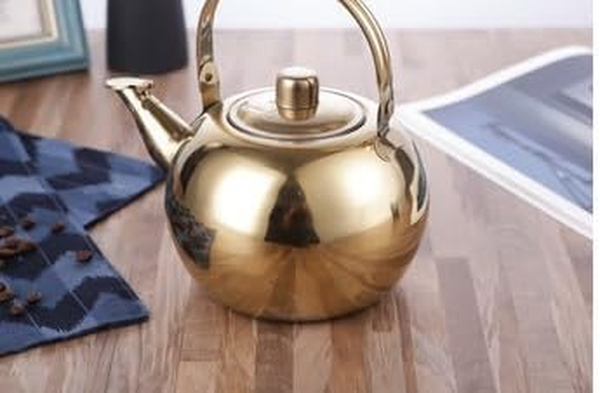 Stainless Steel Pot Pitcher Boiled Teapot Whistling Kettle Home Espresso Boiling Water Kettle Mesh Strainer Coffee Mug Thicken Teakettle Travel Desktop Filter Jug (Gold, 2 Litres) image number 5