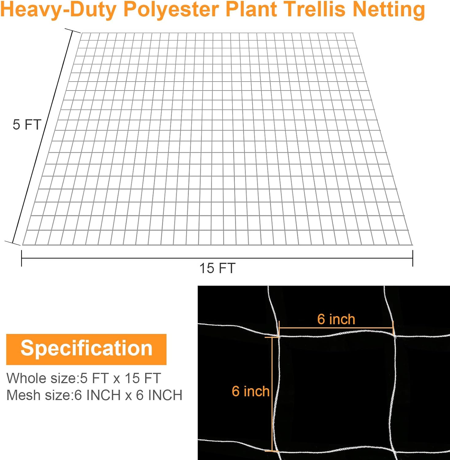 Betybedy 5 X 15FT Trellis Netting, Heavy-Duty Polyester Plant Trellis Netting, Square Mesh Net for Climbing Plant, Fruits, Vegetables, Vines, Grow Tents (1 Pack, White) image number 1