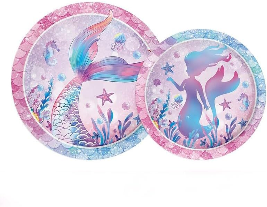 72Pcs Mermaid Disposable Tableware Birthday Paper Party Plates Napkins Set， Mermaid Birthday Party Tableware Serves 24 Guests image number 4