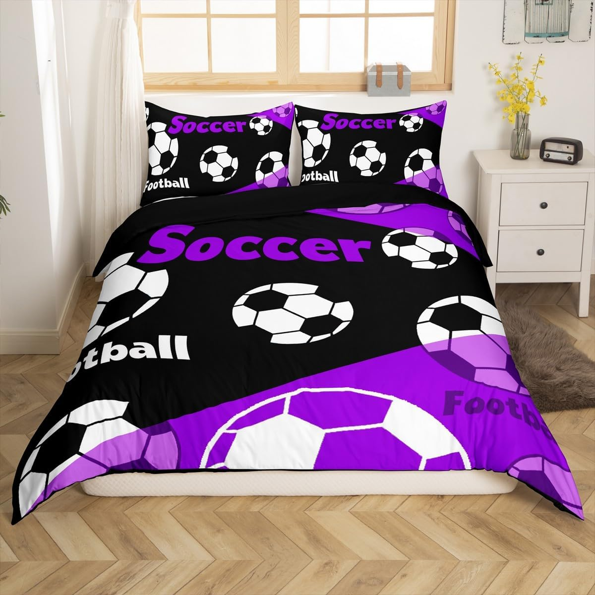 Manfei Teens Football Duvet Cover S Size, Black White Football Bedding Set, Sports Theme Purple Quilt Cover, Kids Boys Adult Room Decor, Soft and Lightweight, 1 Pillowcase image number 3