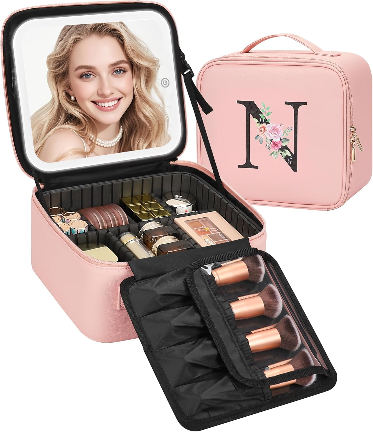 Relavel Makeup Bag with LED Mirror Cute Personalized Initial Makeup Bag for Women Pink Cosmetic Travel Toiletry Bag Girl Gifts, Pink
