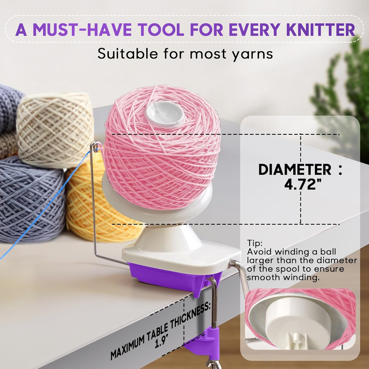 Anti-Slip Yarn Winder, Yarn Ball Winder for Crocheting, Efficiently Make Neat Yarn Cake, Yarn Winder with Lower Noise for Fiber and Wool Thread Balls, Knitting Lover'S Helper Gift (Purple) image number 4