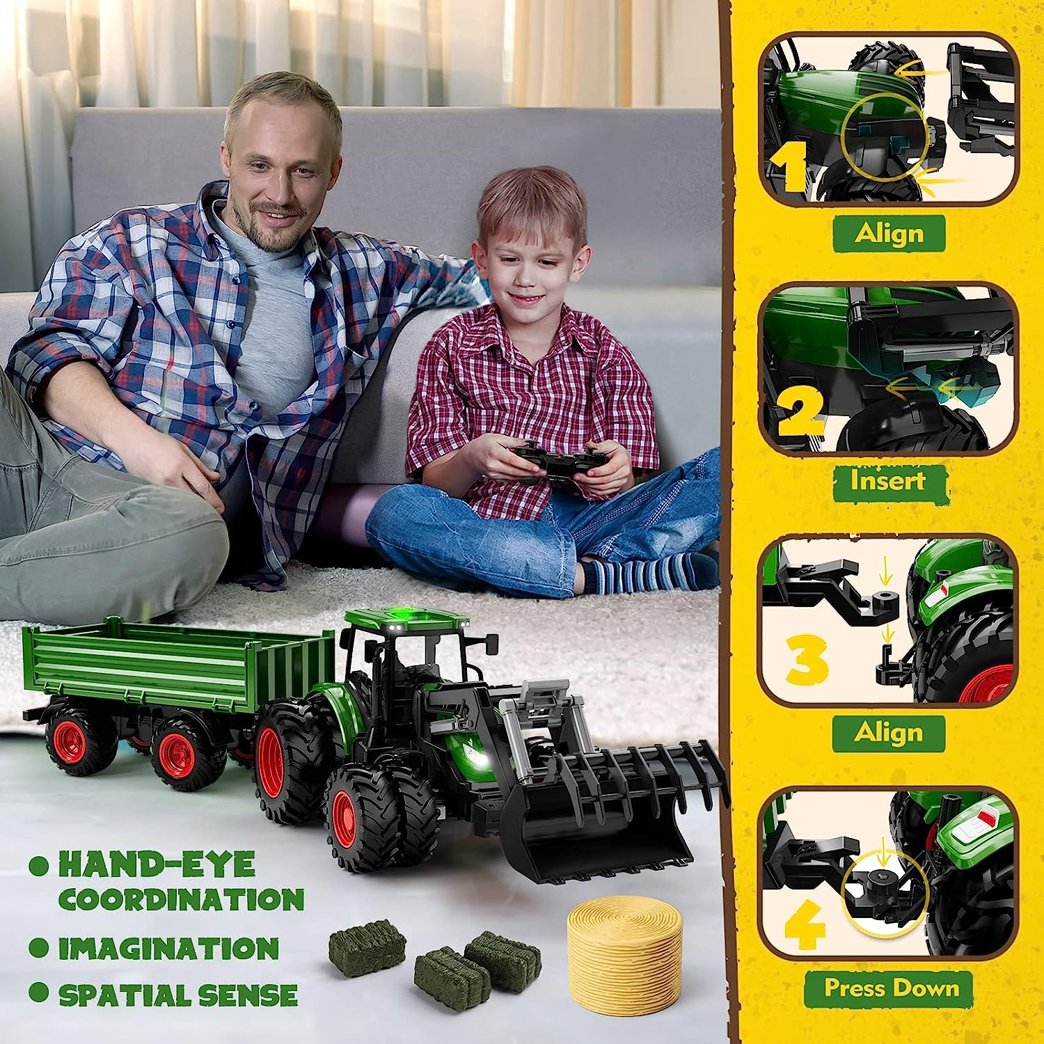 TOYKAU Rechargeable RC Tractor & Trailer Set - Metal Car Head, 8-Wheel Drive with Lights, Farm Vehicle Toy for Ages 3+ Boys Girls Christmas/Birthday Gift