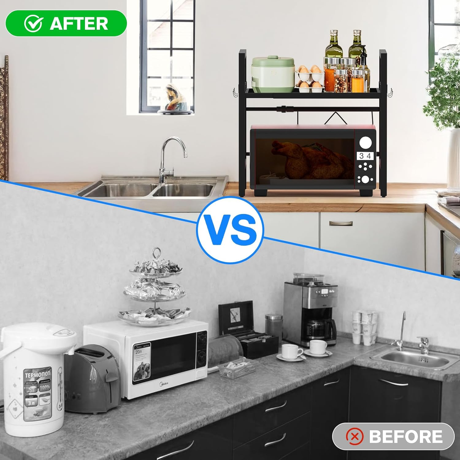 DULCE DOM Expandable Microwave Shelf, 2-Tier Adjustable Microwave Oven Rack, Space Saving Kitchen Counter Shelf for Kitchen Organizers and Storage, 45 KG Load Bearing, with 6 Hooks (2 Tier) image number 3