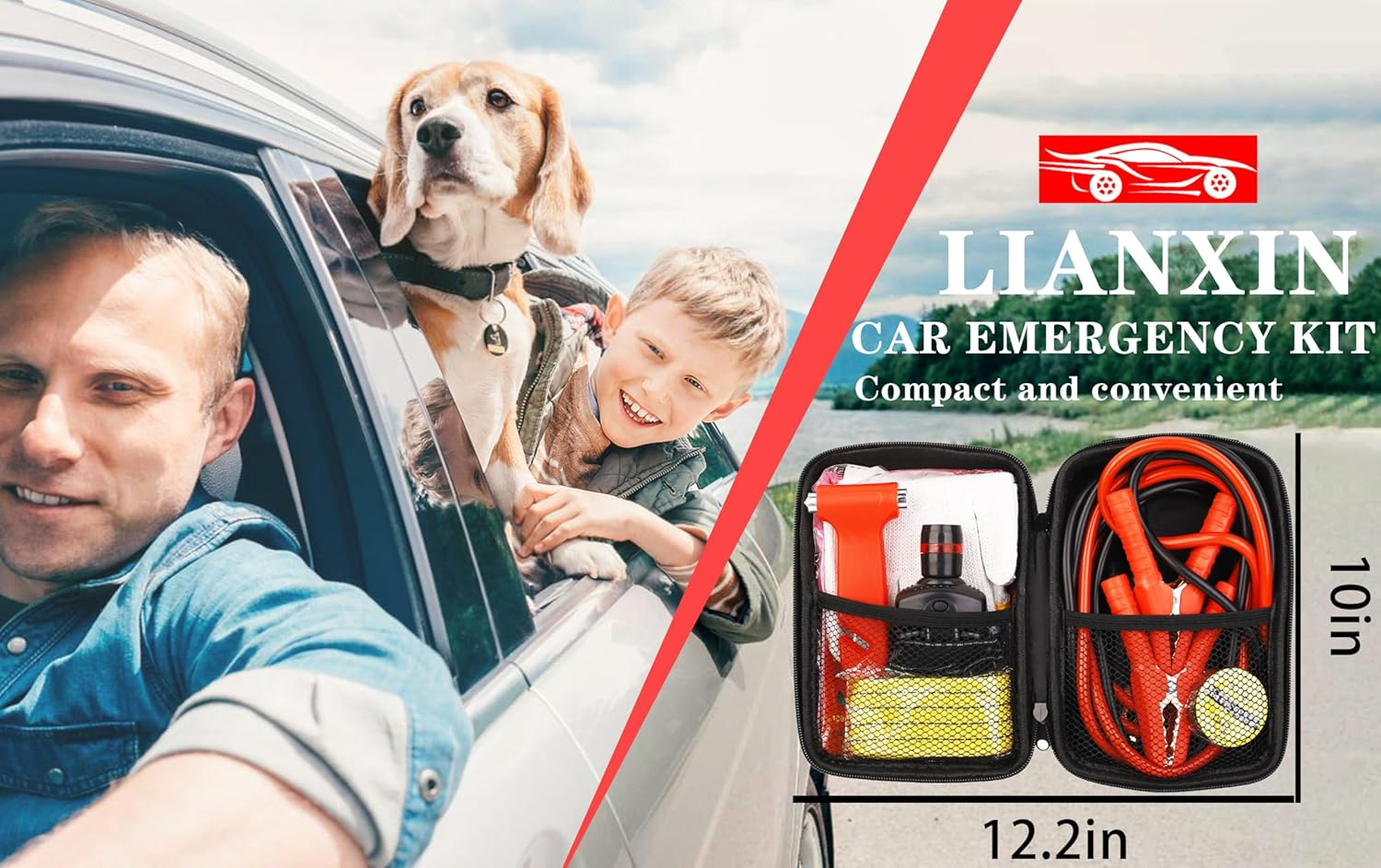 Roadside Assistance Emergency Kit Multipurpose Bag, Premium with Battery Jumper Cable Automotive Kit for Car,Vehicle, Truck or SUV for Men or Women, Black image number 6