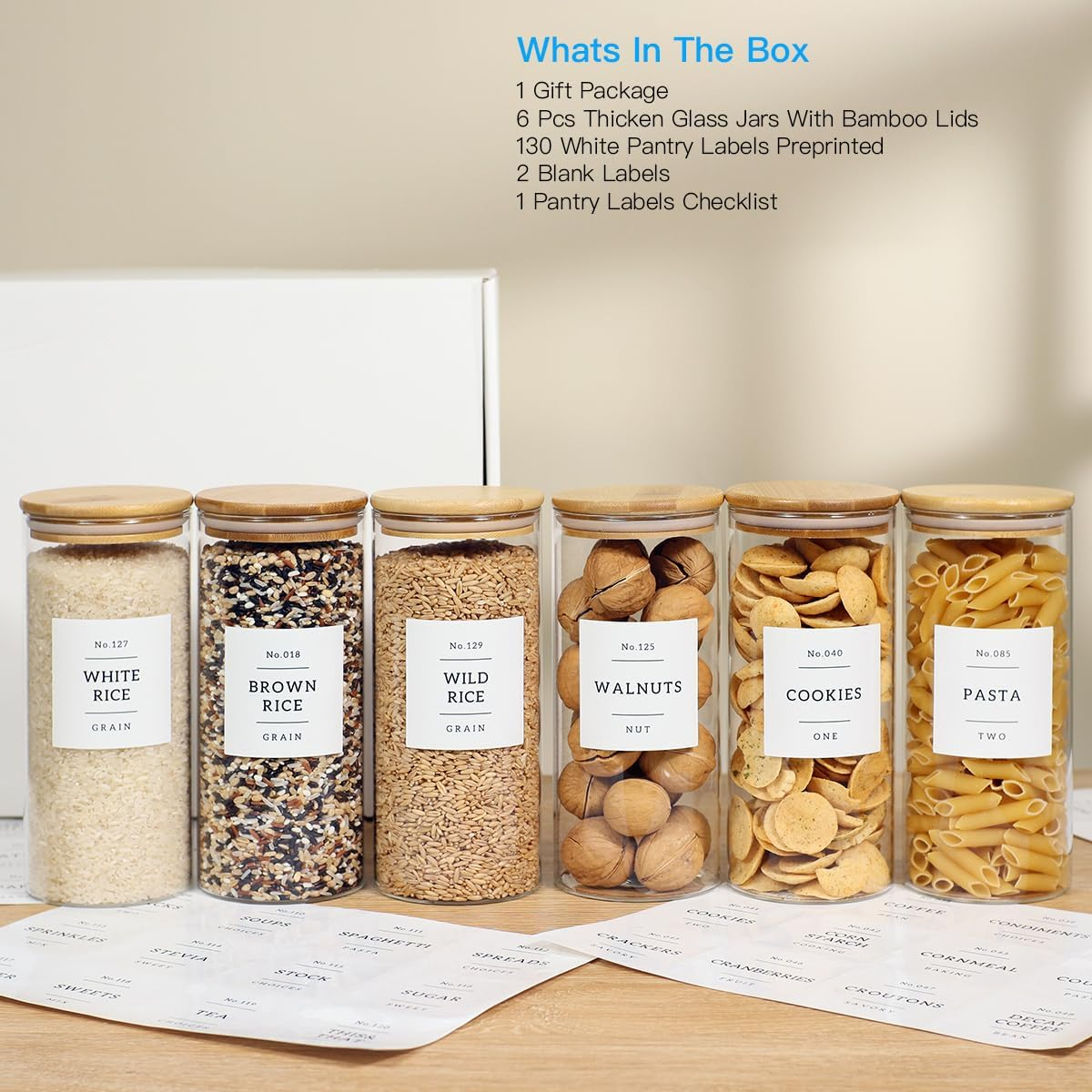 CZZGSM 6 Pack Glass Jar with Airtight Bamboo Lid and White 132 Kichen Pantry Labels Preprinted - 28 Oz Clear round Glass Food Storage Containers Set for Tea Coffee Bean Cookie image number 3