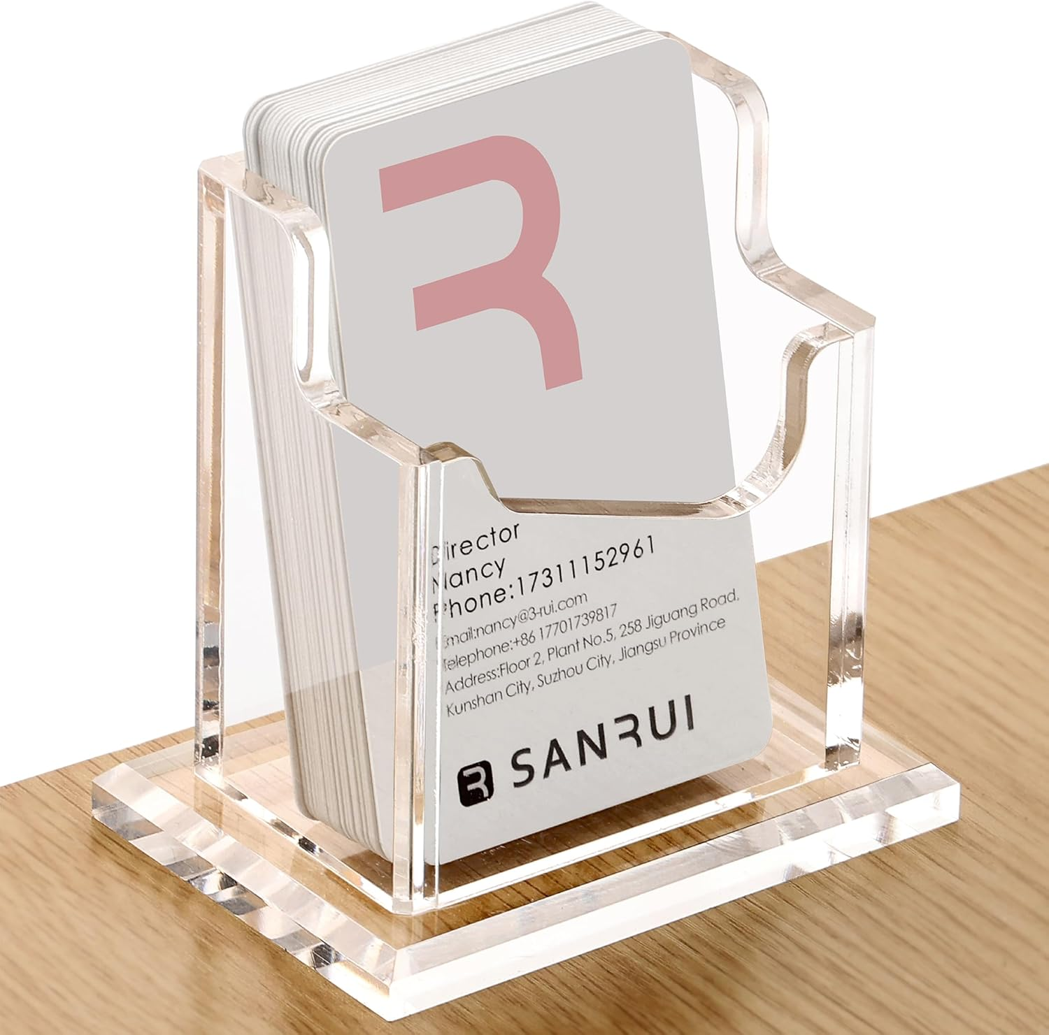 SANRUI Vertical Business Card Holder for Desk，Clear Acrylic Business Card Display Stand，1 Slots ，Holds 50-60 Cards image number 1