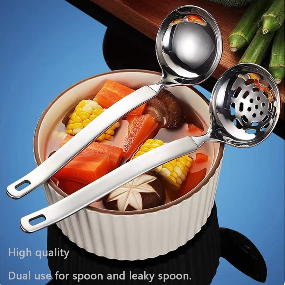 Soup Ladle Metal SUS304 Stainless Steel Ladles Spoon and Slotted Colander Spoon Set Small Soup Ladle with Holes Strainer Scoop Ladles for Serving Gravy Hot Pot or Restaurant,2 Piece Set image number 6