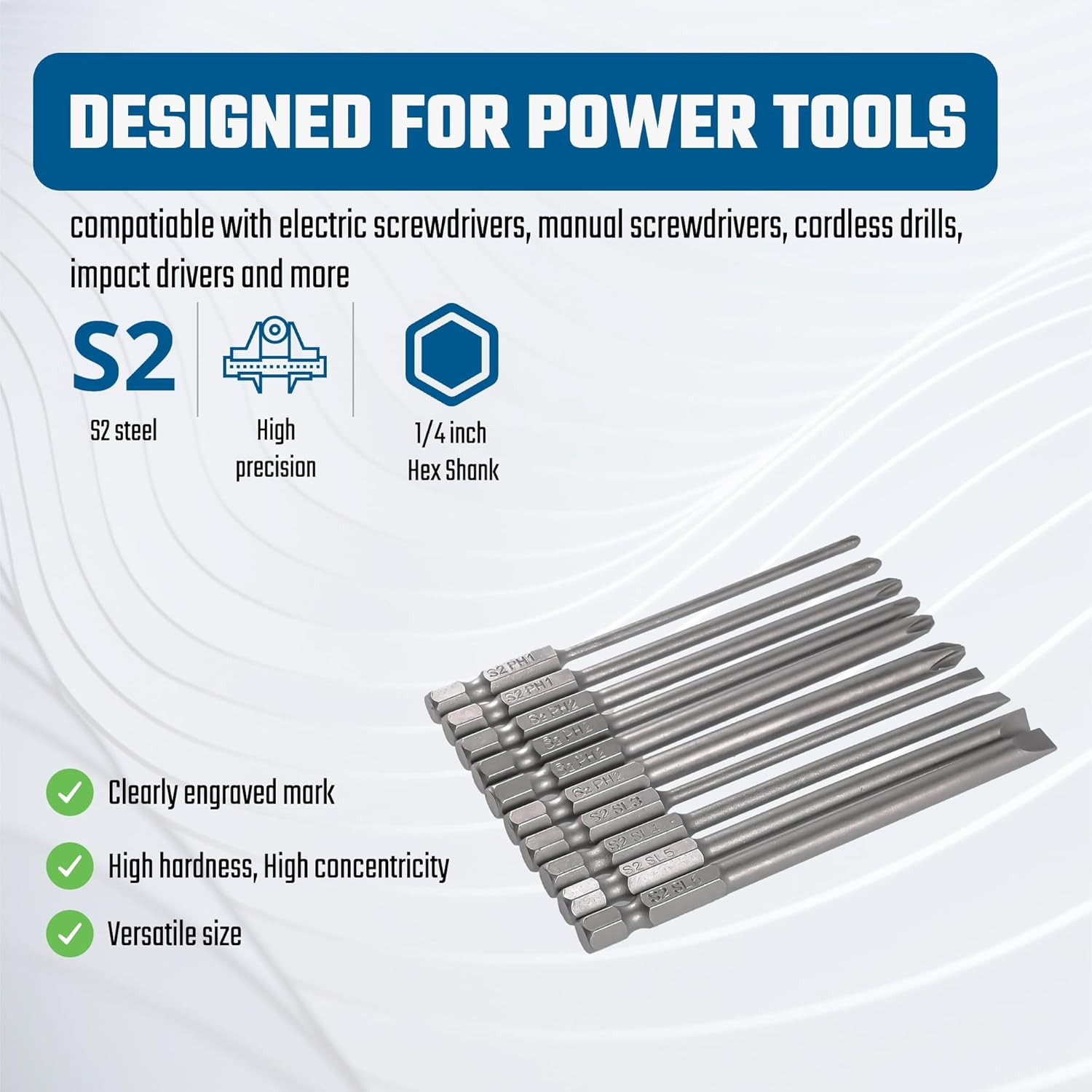 VESTTIO Long Screwdriver Bit Set Slotted SL3 SL4 SL5 SL6 Phillips PH1 PH2 10PCS 1/4 Inch Hex Shank 4 Inch/100 Mm Length S2 Steel with Magnetic for Power Screwdriver Drill Impact Driver image number 2