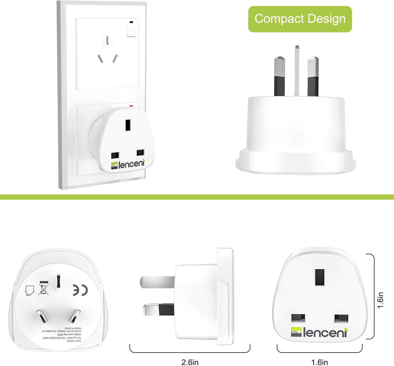LENCENT 2X UK to Australia China Plug Adapter, Grounded Australian Travel Adapter for Australia New Zealand China Fiji Argentina and More (Type I) image number 1