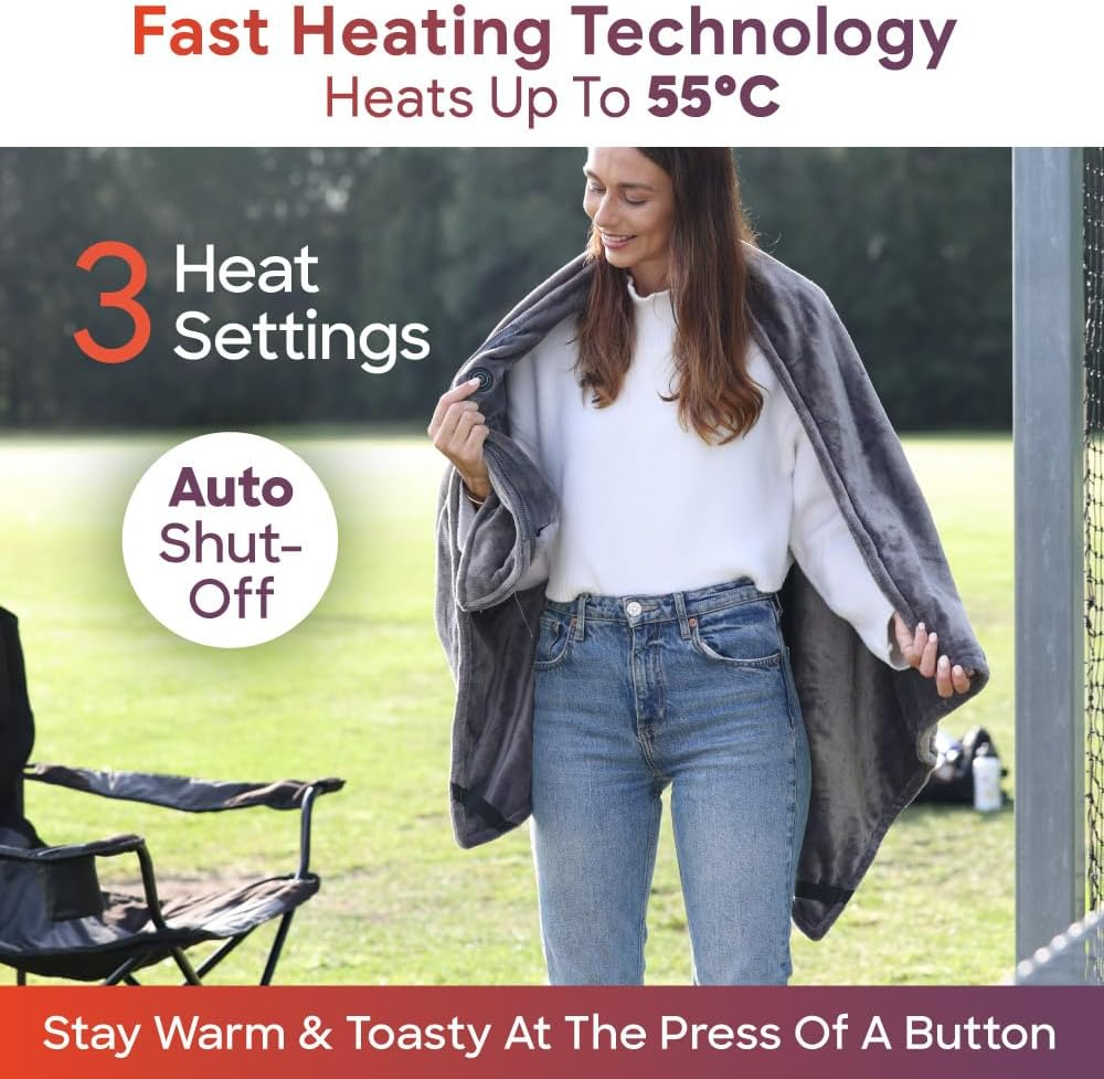 Sash & Bloom Heated Shawl - Charcoal &ndash; Super-Soft and Stylish Portable 2-In-1 Heated Blanket and Shawl, 3 Settings, Heats up to 55 Degrees, Auto-Off, for Sport Games, Camping, Hiking, Office, Home image number 6