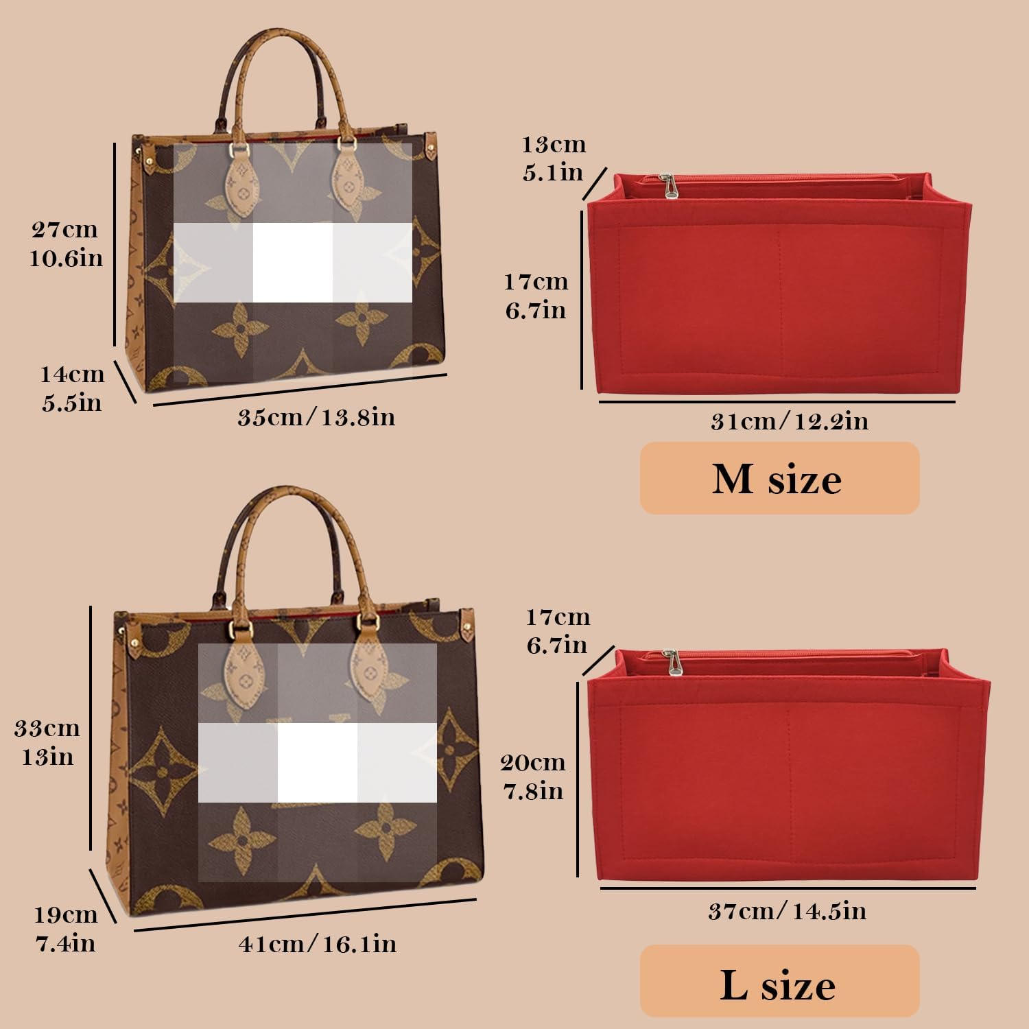 D.DUO Bag Purse Organizer with Zipper, Tote Organizer Insert for LV ONTHEGO (M,(12.2X5X6.7),Red)