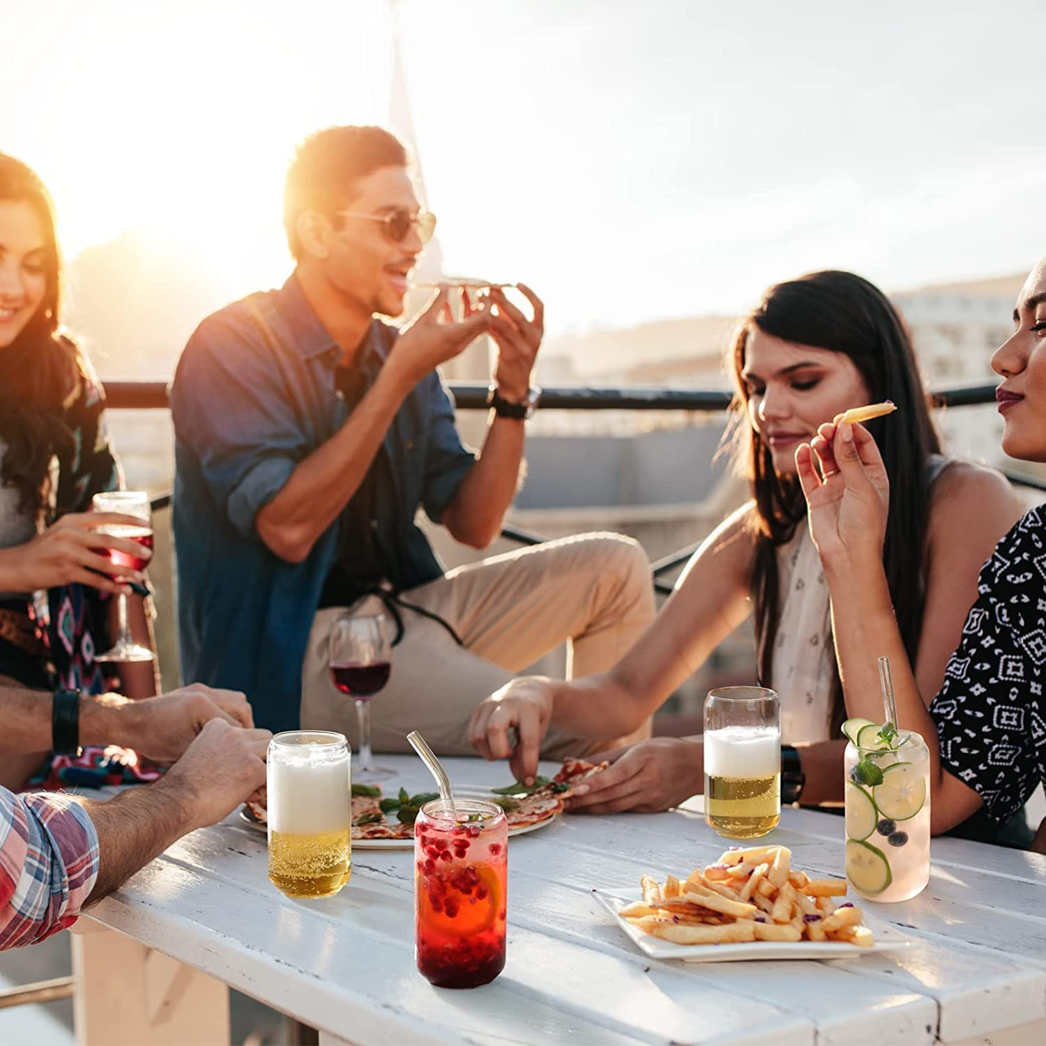 Drinking Glasses with Glass Straw 2Pcs Set - 16Oz Can Shaped Glass Cups, Beer Glasses, Iced Coffee Glasses, Cute Tumbler Cup, Ideal for Whiskey,Tea， Soda,Water, Gift - Cleaning Brushes (Two Packs) image number 2