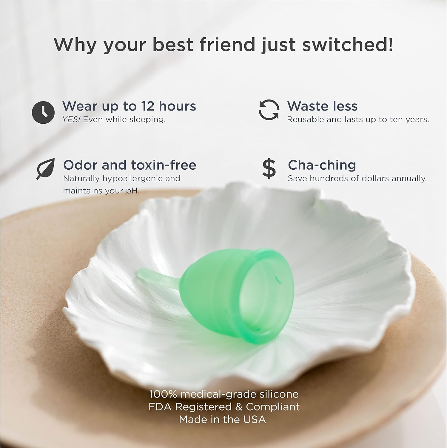 Saalt Menstrual Cup - Premium Design - Most Comfortable Period Cup - #1 Active Cup - Wear for 8 Hours - Soft, Flexible, Reusable Medical-Grade Silicone - (Seafoam Green, Regular) image number 2
