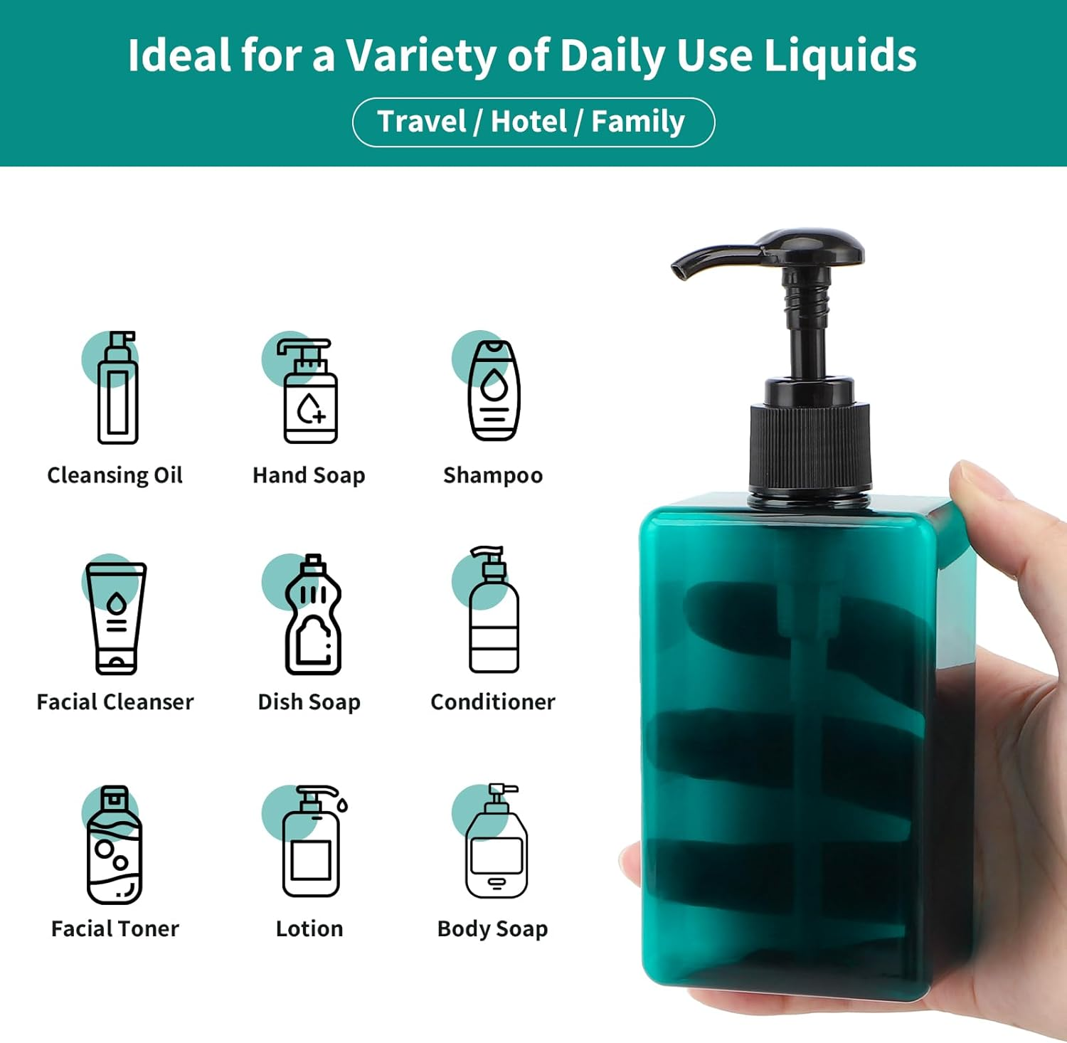 Segbeauty Plastic Pump Bottles, 280Ml 4Pcs Empty Lotion Bottles with Pump, Shampoo Dispenser Set with Labels, Countertop Plastic Soap Dispenser for Bathroom Kitchen Sink, Peacock Blue image number 7