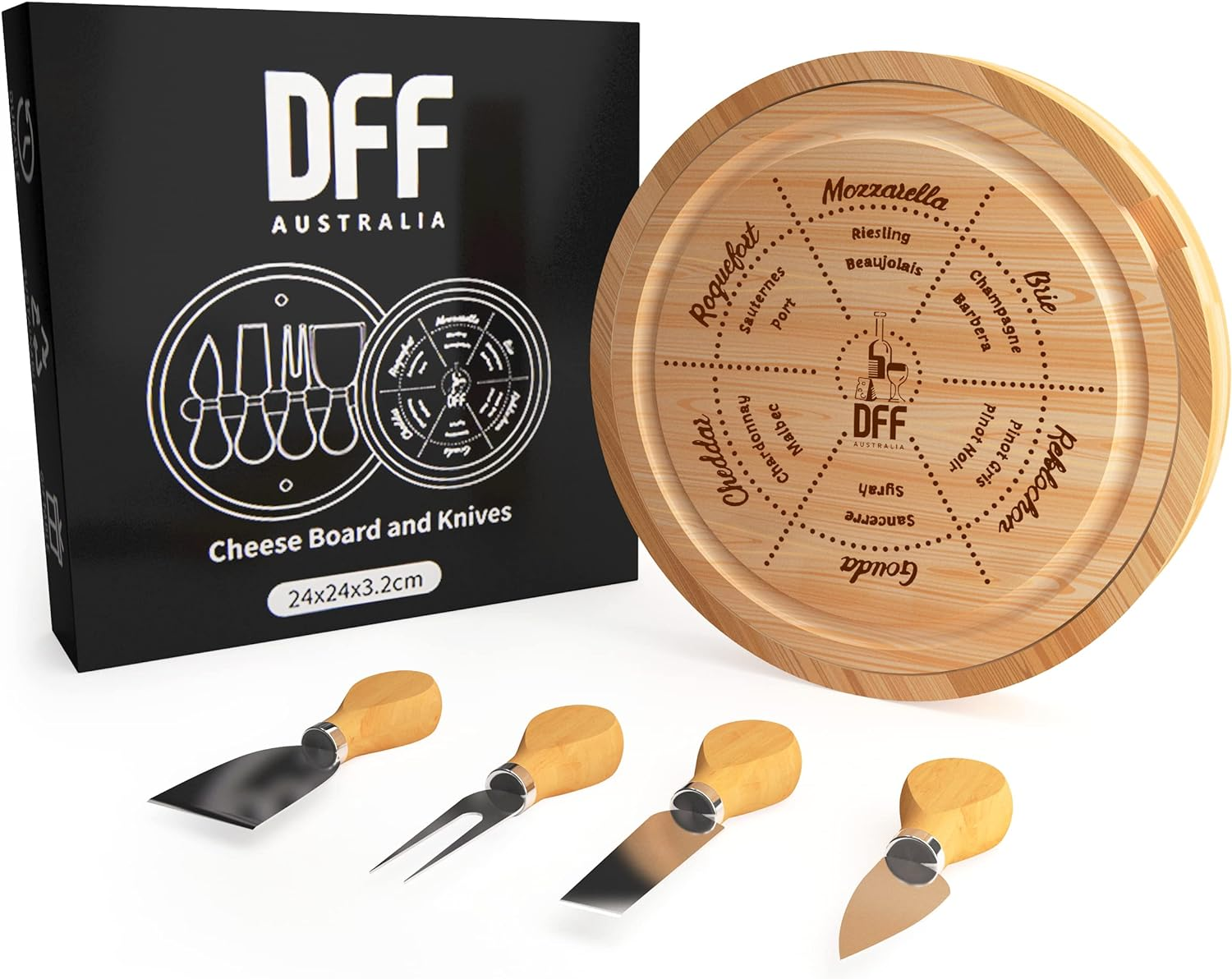 Bamboo Cheese Board with Knife Set - round Charcuterie Serving Tray with Engraved Cheese & Drinks Name - Wooden Cheese & Meat with Stainless Steel Knives & Cutlery - Housewarming & Wedding Party Gifts image number 2