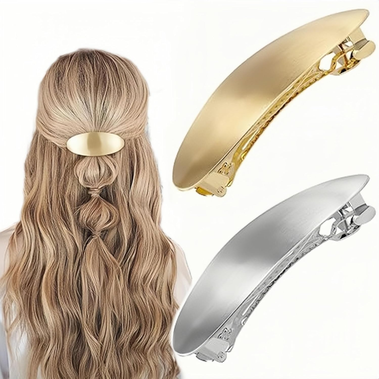 Glossy Long Oval Barrettes, 2Pcs Glossy Long Oval Barrettes Simple Hair Clips,Glossy Long Oval Barrette Hair Clip,Glossy Long Oval Hair Barrettes Metal Hair Clip,Metal Glossy Long Oval Hair Barrettes image number 3