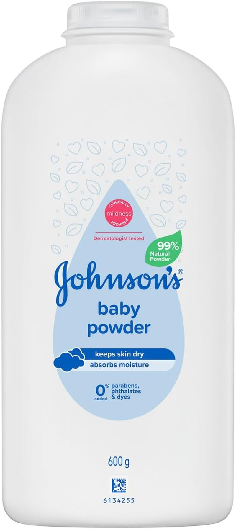 Johnson&rsquo;S Baby Pure Cornstarch Moisture Absorbing Baby Powder 600G|99% Natural, Plant-Based Cornstarch |Keep Skin Dry and Soft, Preventing Heat Rash and Chafing|Suitable for Both Adults and Babies