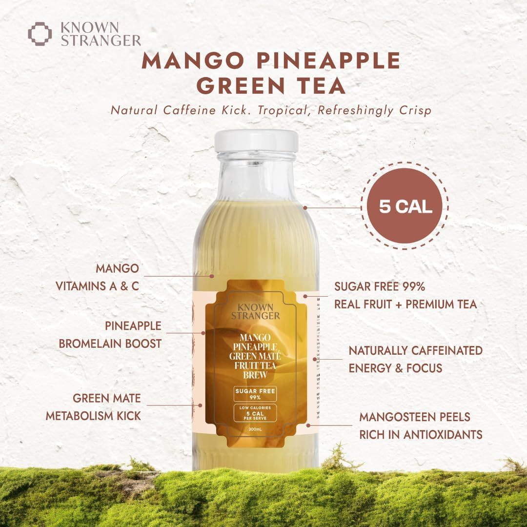 Known Stranger Fruit Tea Brew | Mixed Pack | 12 X 300Ml Glass Bottle (6 Flavours X2 Bottles Ea). Yuzu Butterfly Pea, Five Berries, Apple Cinnamon, Passionfruit Hibiscus, Mango Pineapple, Lemon Juice image number 5