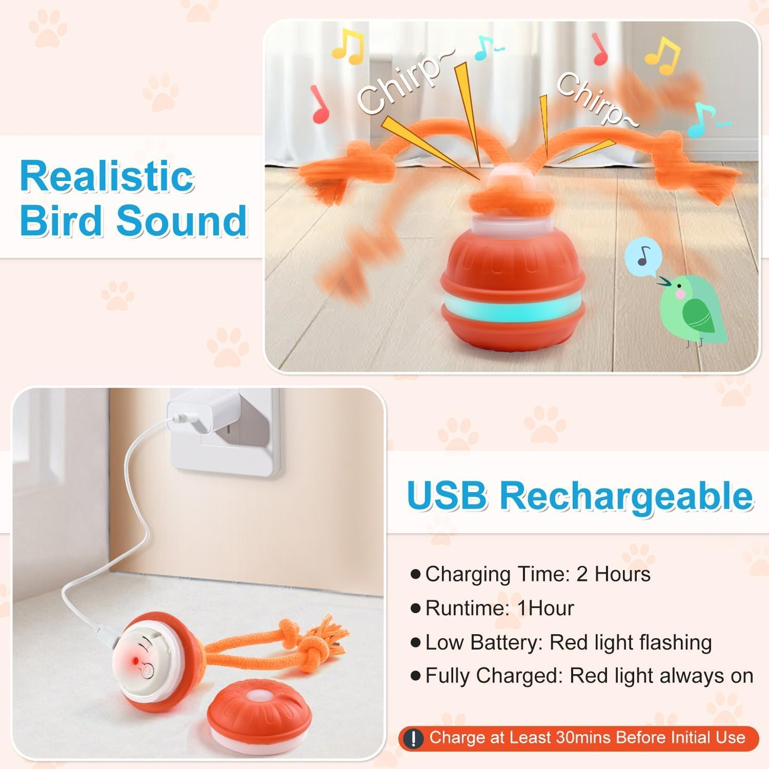 Interactive Dog Toys, Automatic Rolling Ball, Squeak Dog Toy, Touch Activated, USB Rechargeable Dog Ball Chew Toy with Fun Rope for Small/Medium/Large Dog Cat Indoor/Outdoor Boredom Enrichment - Blue-Ball image number 5