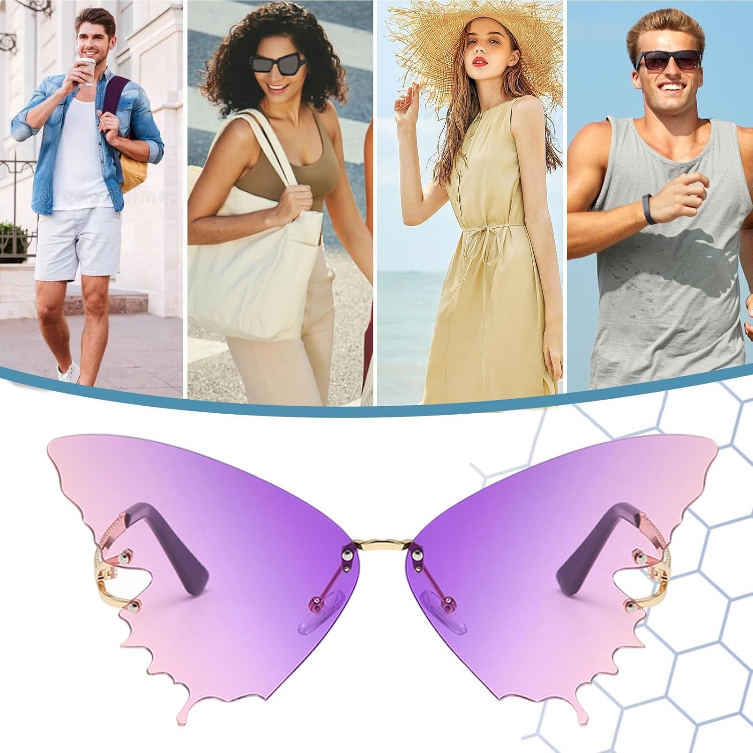 Qkbuza Butterfly Glasses - Trendy Eyeglasses - Butterfly Frameless Oversized Eyewear Anti-Glare Trendy for Women Driving Beach Vacation Summer Outdoor - Lavender image number 3