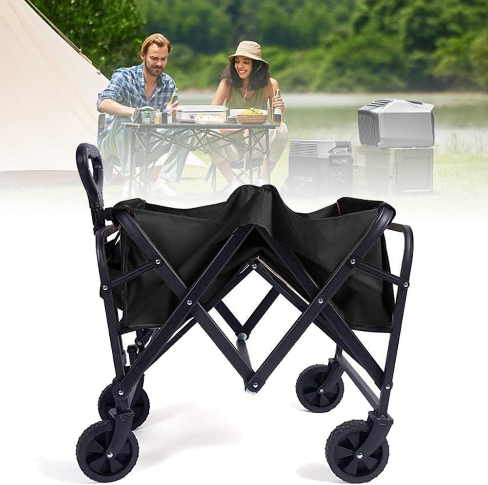 Collapsible Camping Cart with 360 Degree Swivel Wheels & Adjustable Handle, Heavy Duty Utility Wagon, Collapsible Wagon Cart, Folding Trolley Swivel Wheels Transport Cart, 150Kg Weight Capacity image number 1