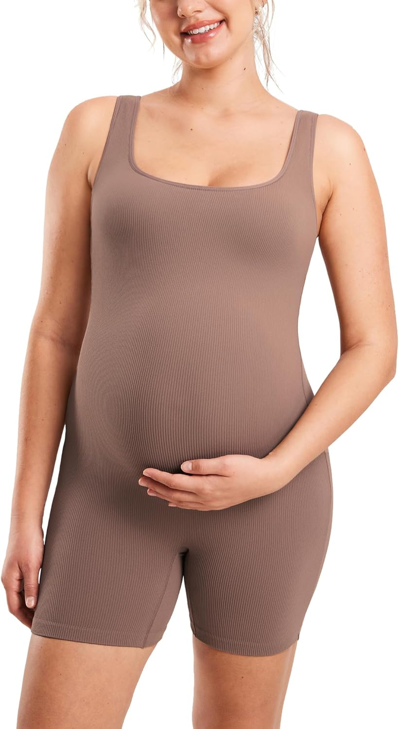 MOMANDA Women'S Maternity Bodysuit Ribbed Sleeveless Shorts Jumpsuit Square Neck Tank Top Romper for Pregnancy