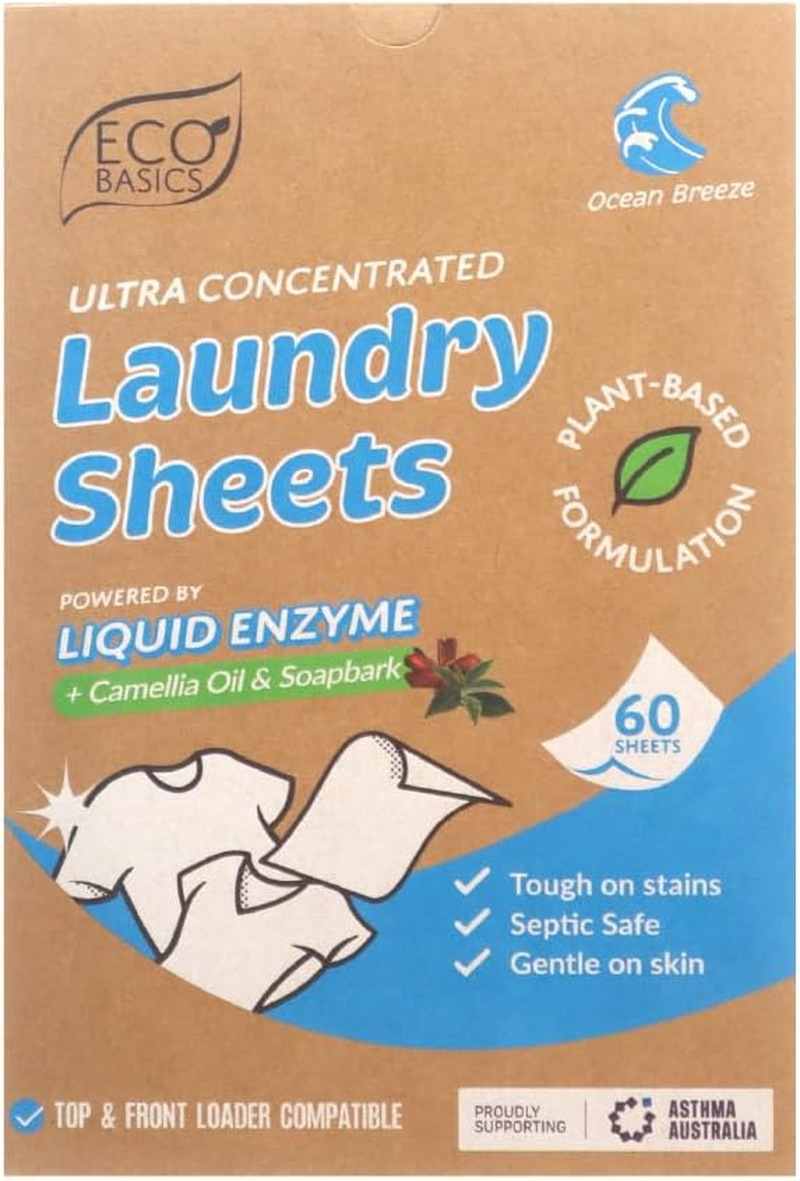 Eco Basics Ultra Concentrated Laundry Detergent Sheets - Ocean Breeze (60 Sheets) Plant-Based Liquid Enzyme, Sensitive Skin Safe &ndash; Plastic-Free, Septic Safe, Tough on Stain image number 2