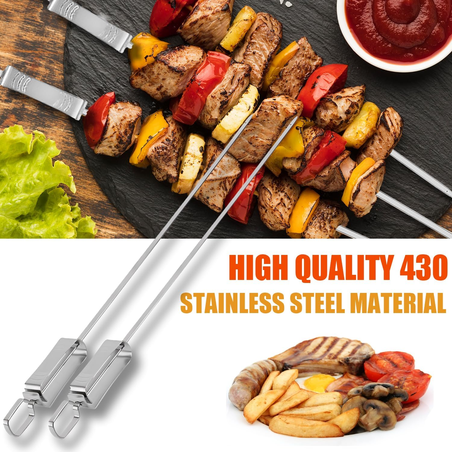 BBQ Skewers, Premium 304 Stainless Steel BBQ Skewers,15 Inch Heavy Duty Metal Kabob Sticks for Grilling, Reusable & Dishwasher Safe (Single Fork8) - Single Fork10 image number 2