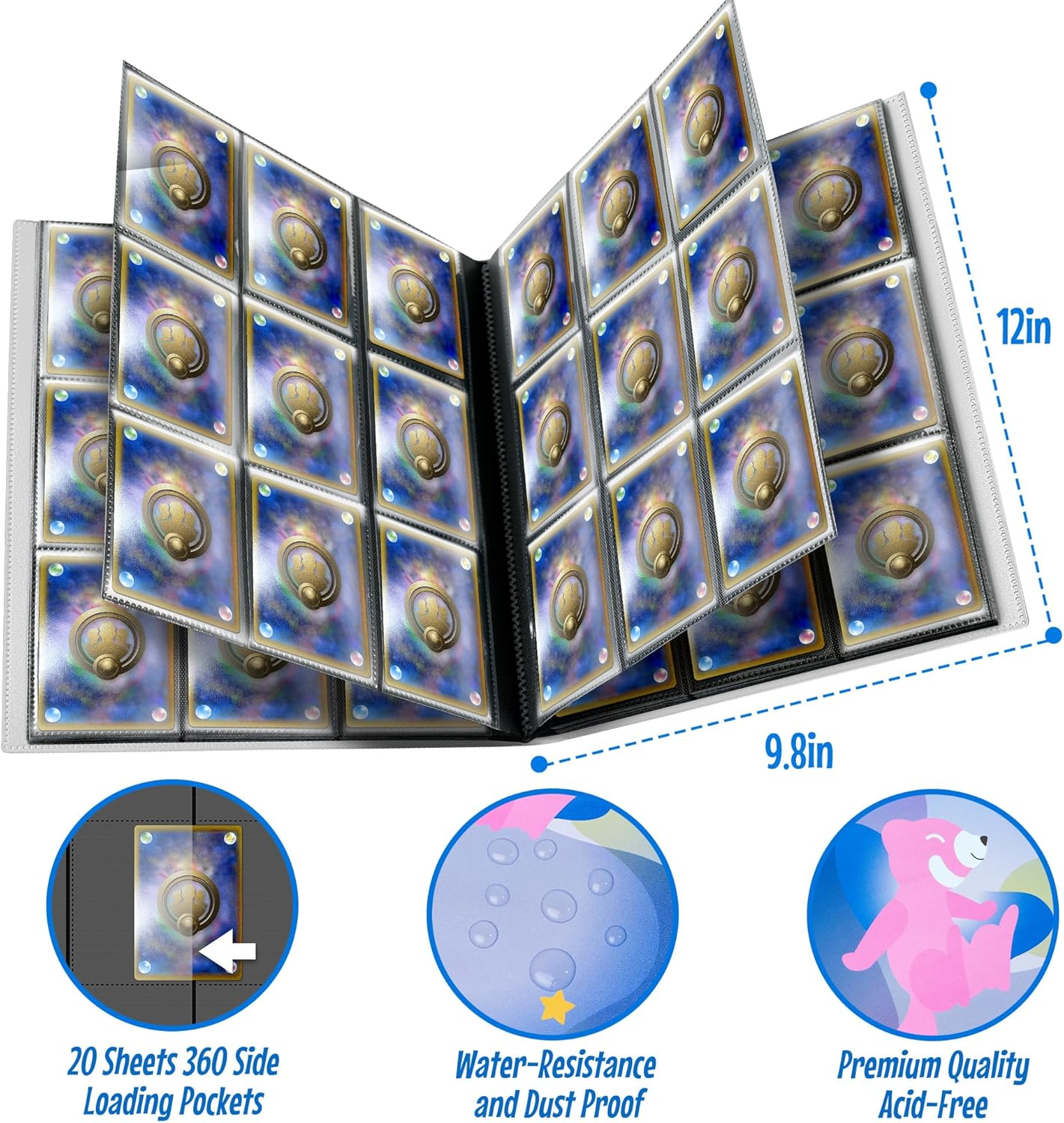 Trading Card Binder, 9 Pockets Card Album Folder, 360 Ringless Side-Loading Game Cards Holder Book for TCG, Multicolor image number 4