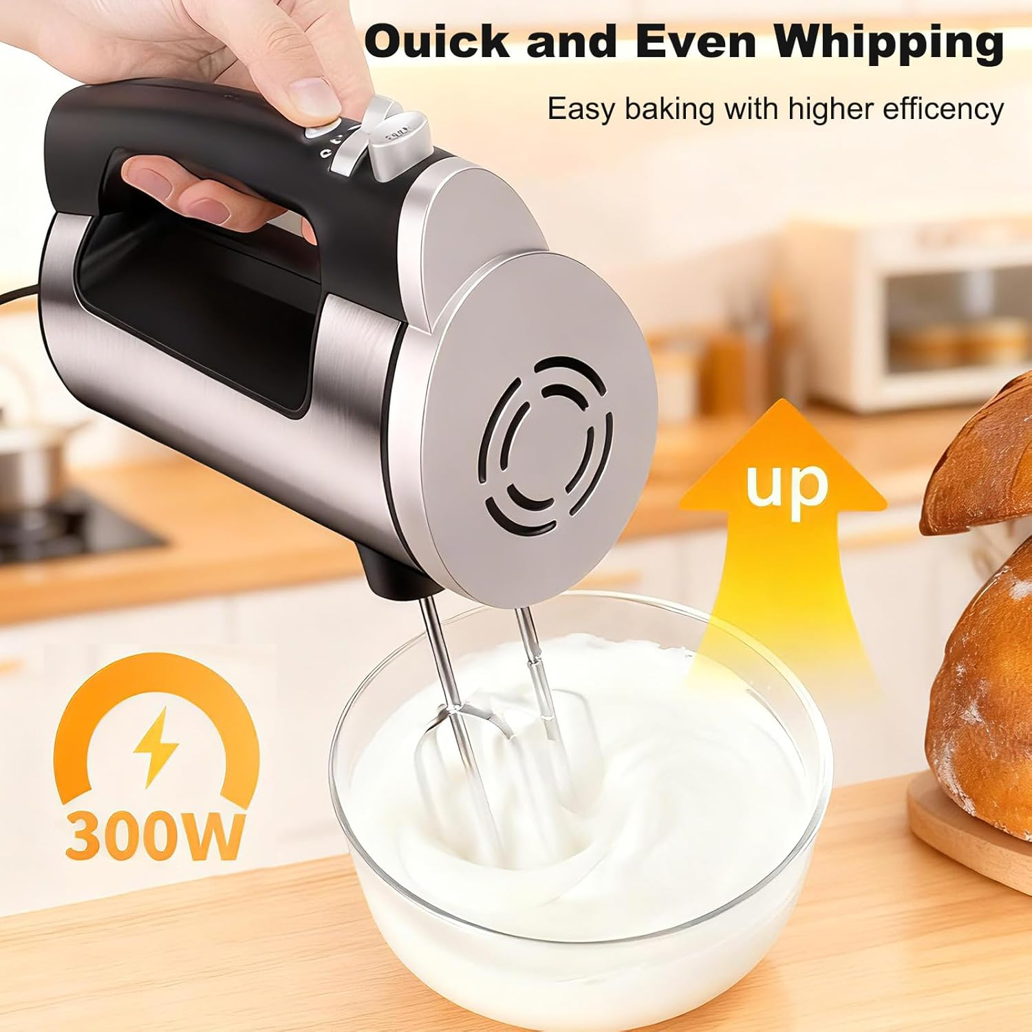 VINATO Electric Mixer, 300W Hand Mixer with 6 Speed, 2 Whisks and 2 Stainless Steel Kneader Hooks for Dough, Eggs, Cakes, Cream image number 2