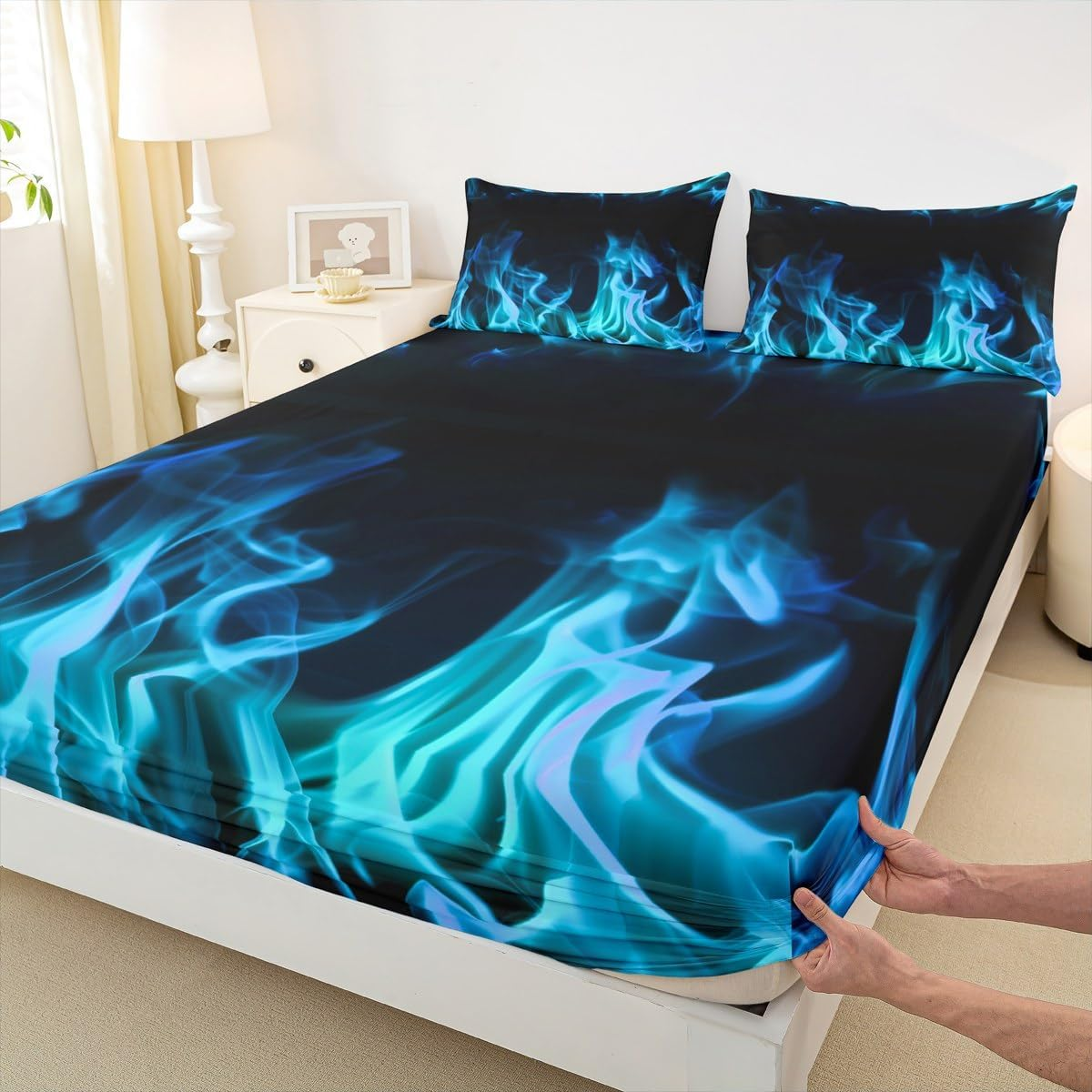Blue Flame Bed Linen Set M Size, Cool Burning Flames Fitted Sheet Children Boys Men Teens Room Decor, Modern Fashion Comforter Cover Soft Black Deep Pocket Sheet, 1 Pillowcase image number 6