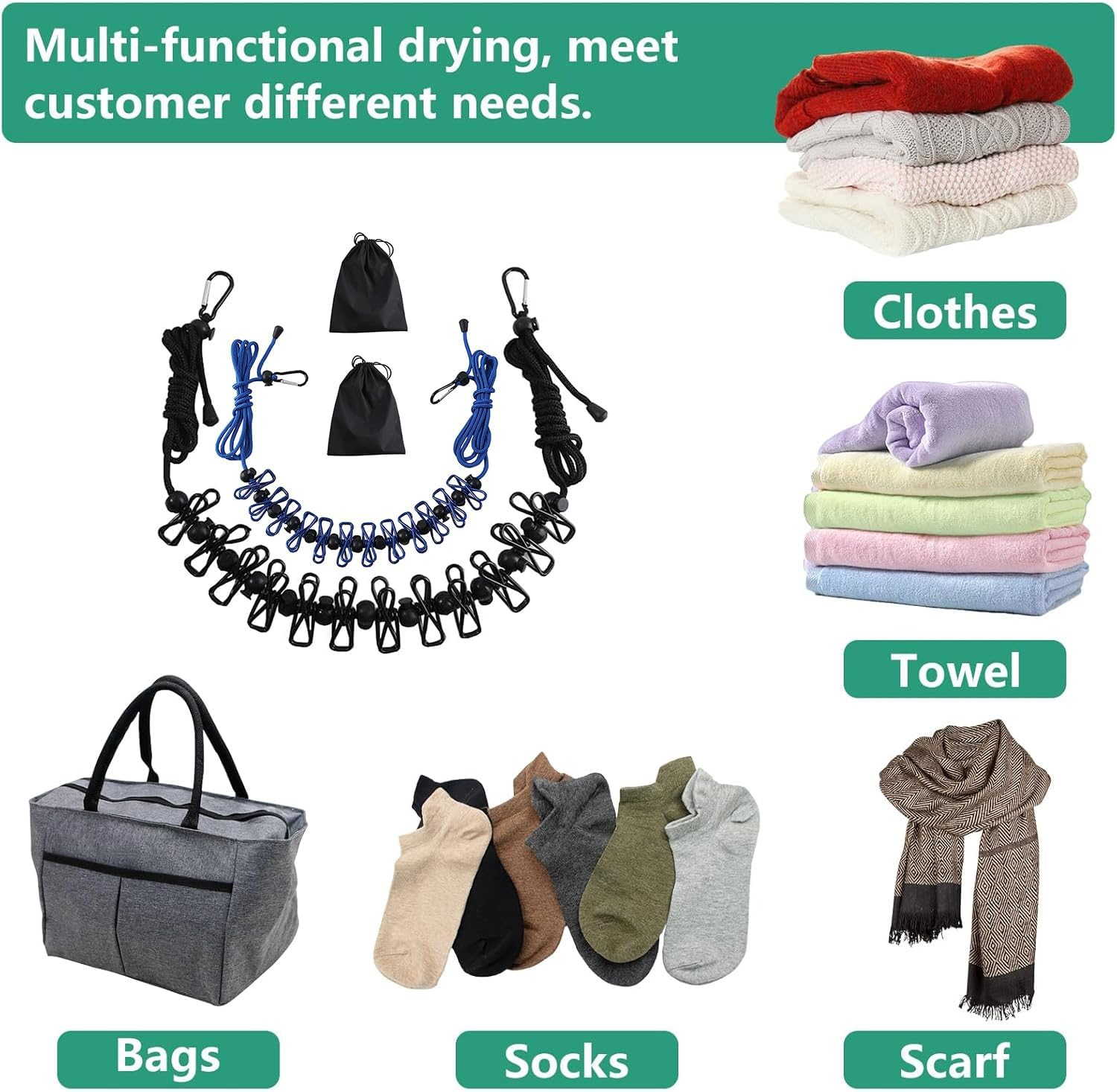 2 Pack Portable Clothesline with 12 Clothespins, Retractable Travel Windproof Clothesline with Climbing Clip, Suitable for Camping, Hotel Indoor and Outdoor Use(Blue) image number 4