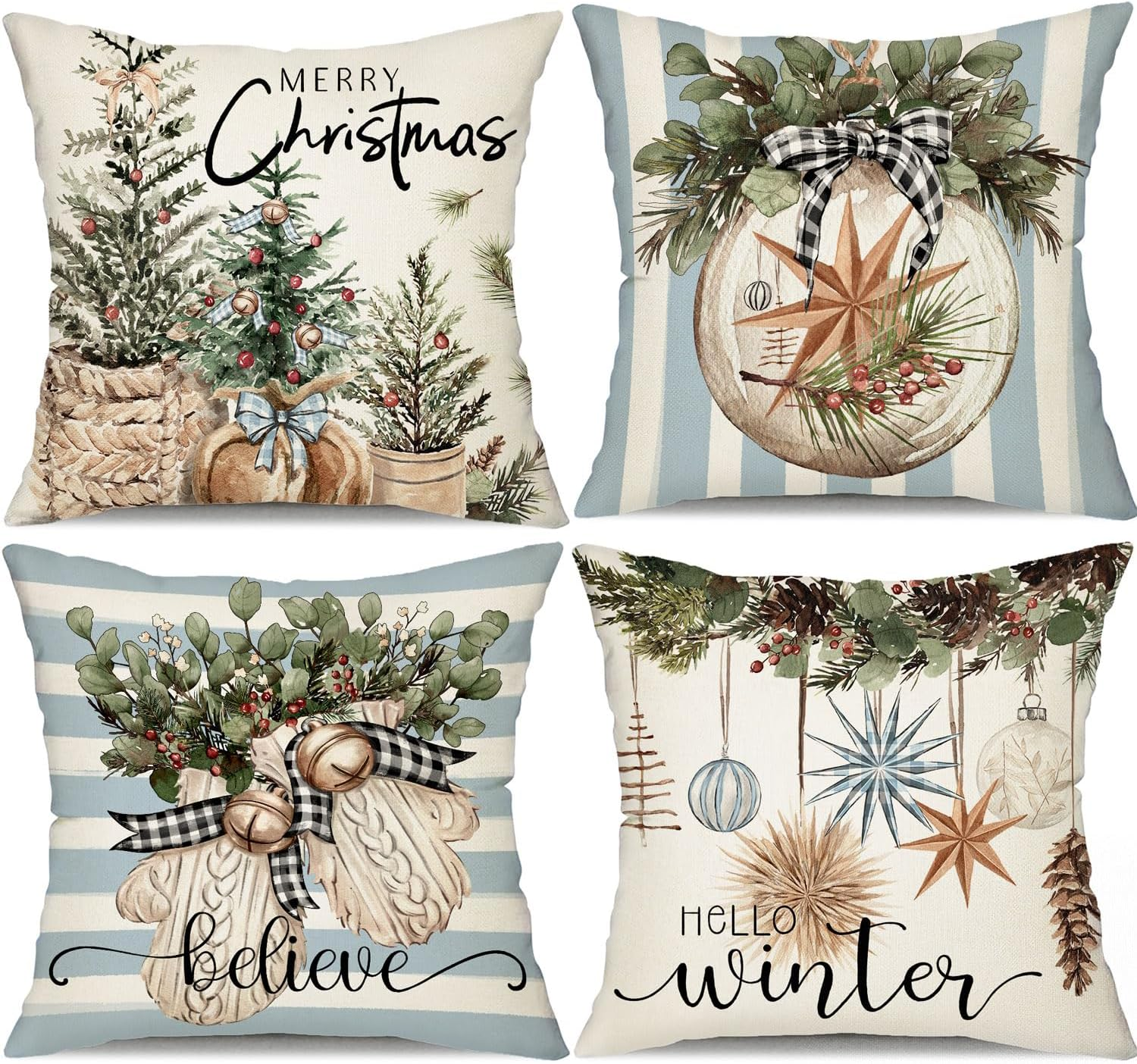 DFXSZ Christmas Pillow Covers 18X18 Inch Set of 4 Christmas Tree Gloves Hello Winter Decorative Throw Pillow Covers Winter Farmhouse Decoration for Home Couch 134