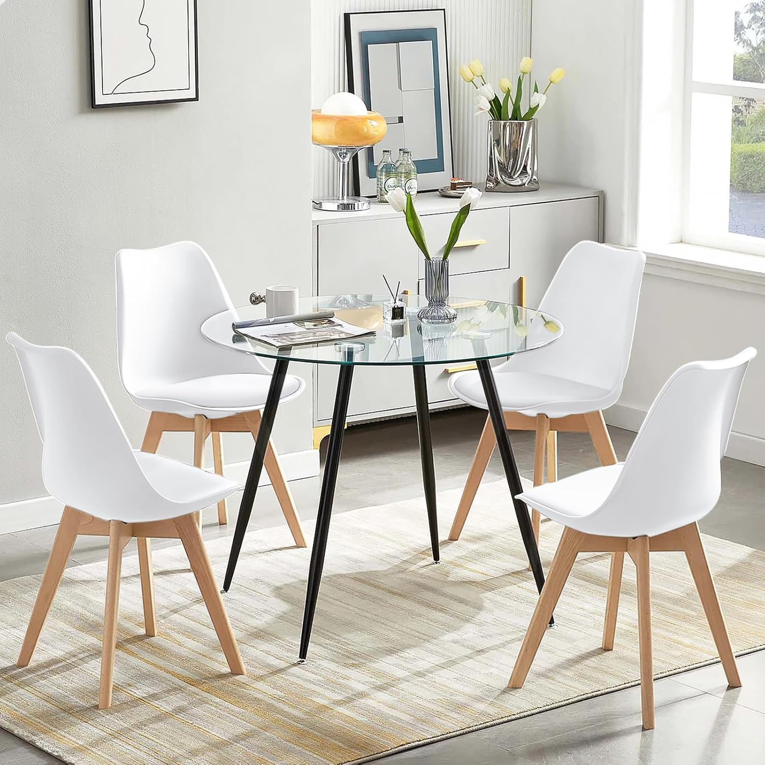 ALFORDSON Dining Chair Set of 4 PU Leather Upholstery with Wood Legs, 4X Kitchen Cafe Chairs with Ergonomic Backrest and Floor Protectors, 150Kg Capacity, White image number 5