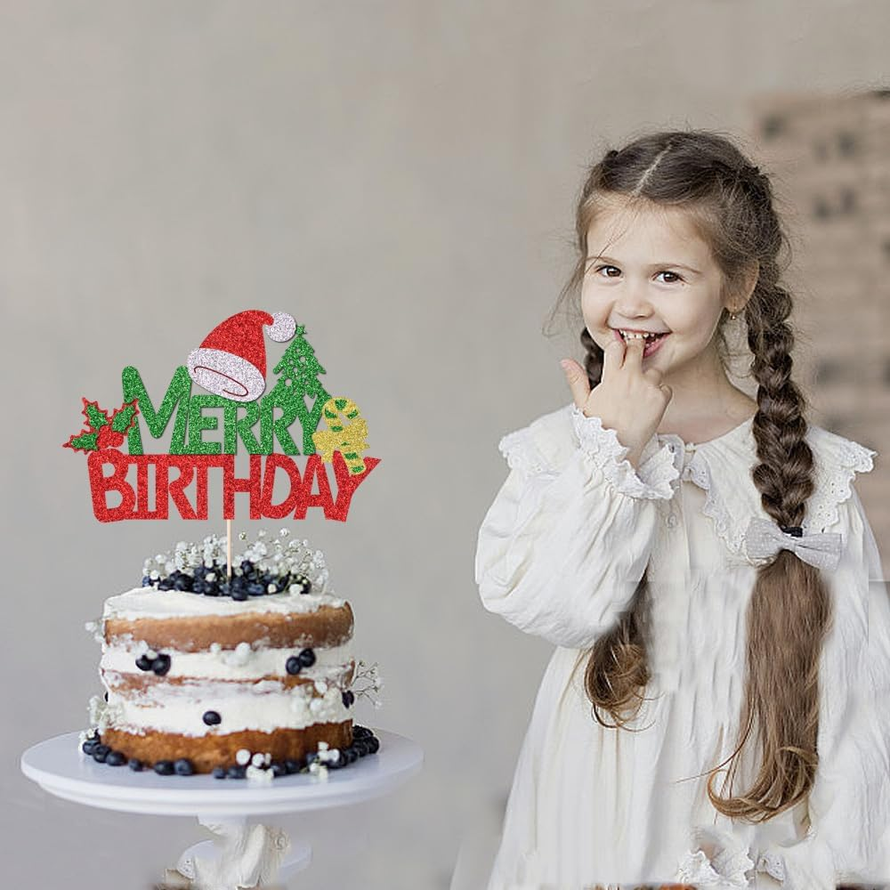 Merry Birthday Cake Topper,New Year Christmas Holiday Party Supplies,Red & Green Glitter Christmas Cake Decorations，Winter Holiday Cake Picks-Christmas Birthday Party Supplies(Birthday 2) - Birthday 2 image number 2