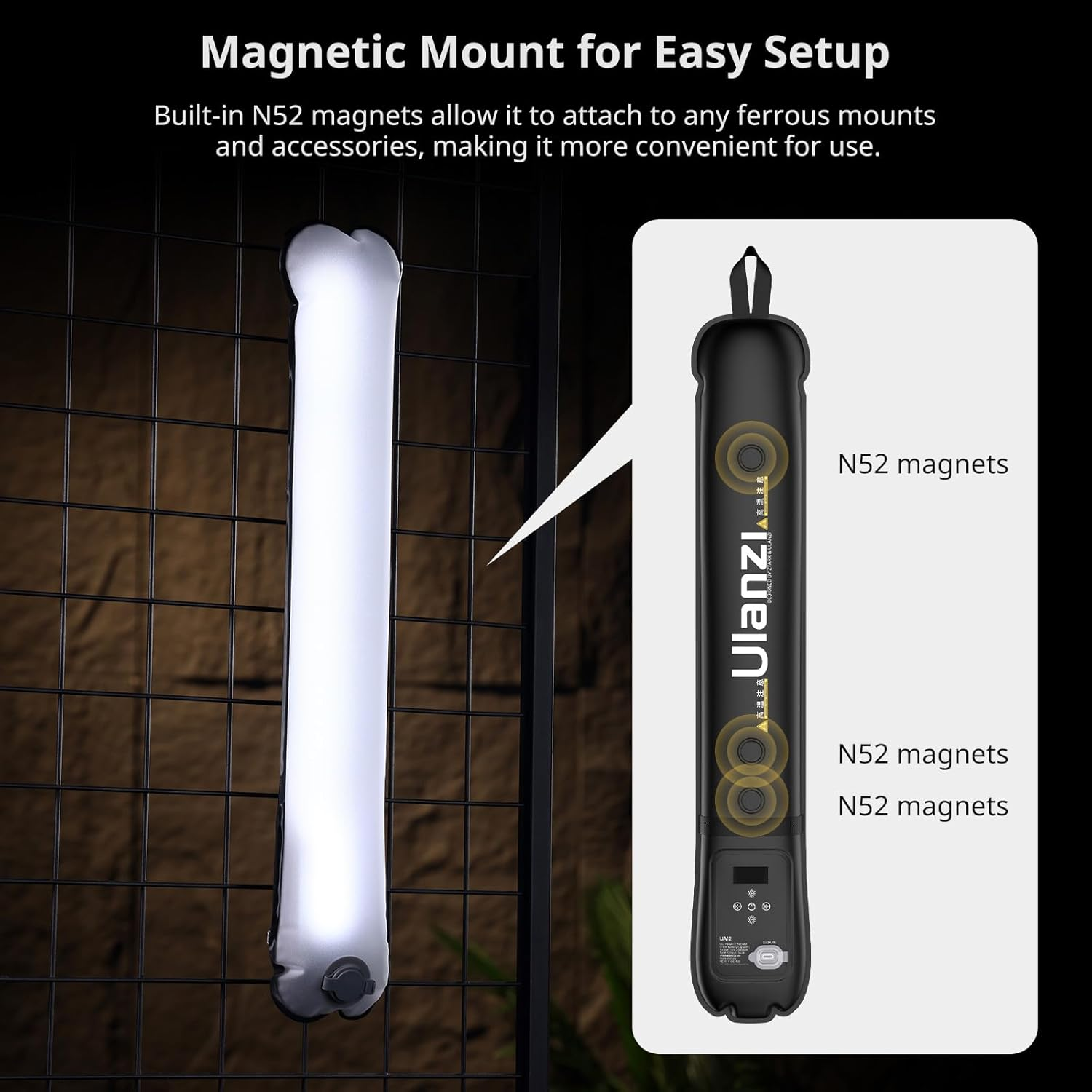 Ulanzi UA12 12W Bi-Color Portable Inflatable Tube Light, Handheld Magnetic 2700K to 6500K CRI 95+ Air Video Streaming Light 1/4" Mount Photography Lighting Stick