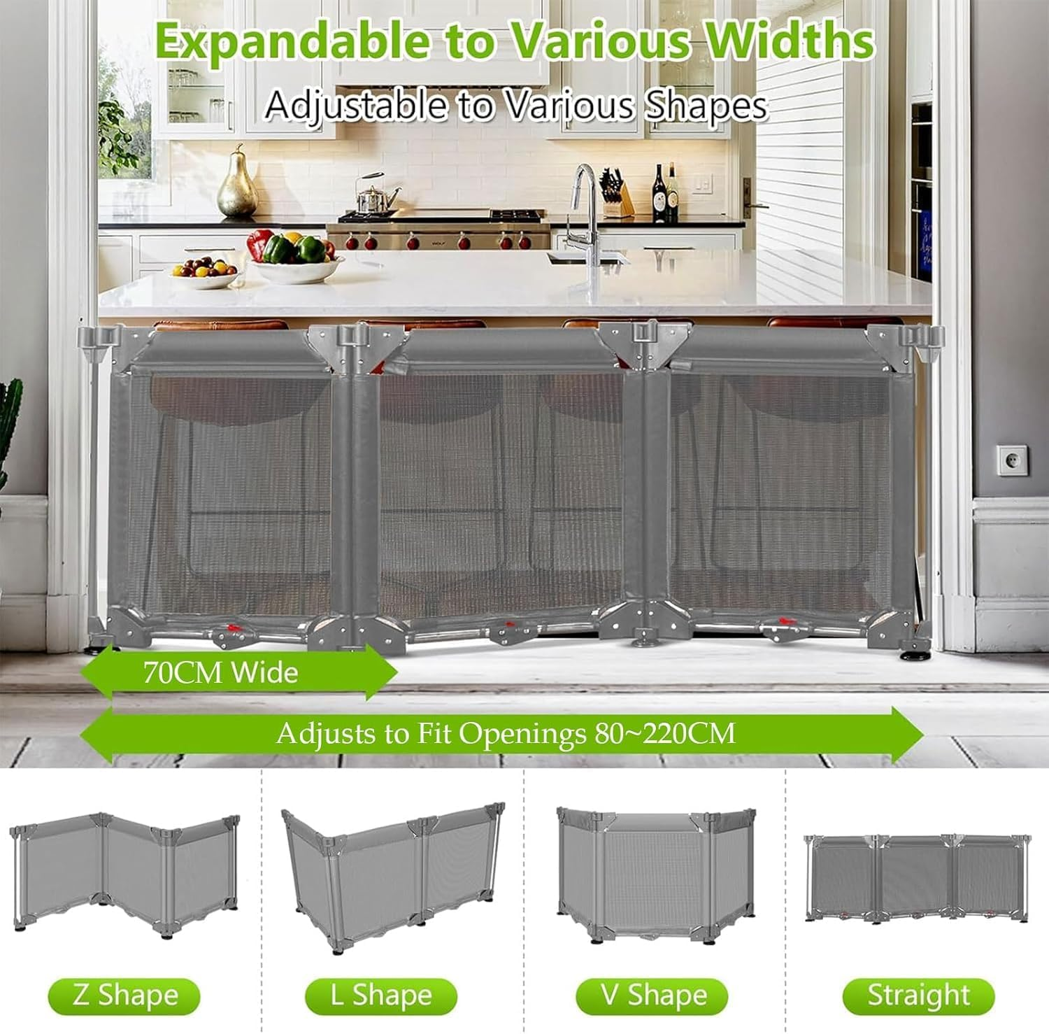Baby Safety Gate, Extra Wide 3-Panel Foldable Pet Gates for Doorways, Durable Baby Fence Play Yard, Adjustable Safety Gate/Door for Child/Pet, for Kitchen, Stairs, Indoor&Outdoor (Grey, L) image number 4