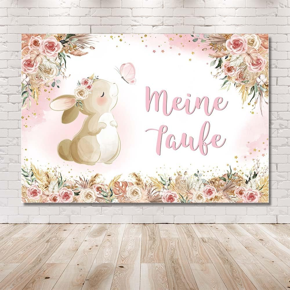 MEHOFOND 2.1 X 1.5 M My Christening Background Pink Rabbit Butterfly Eucalyptus Leaves Flowers Background Boy Girl Newborn Baby Shower First Communion Christening Party Banner Photo Props image number 4