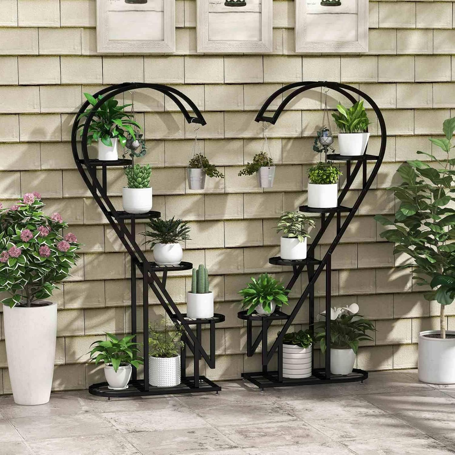 Costway 5 Tier Metal Plant Stand, Heart-Shaped Ladder Plant Shelf W/Hanging Hook for Multiple Plants, Indoor Tiered Flower Display Shelf for Living Room Bedroom Balcony (2 Pack) (Black)