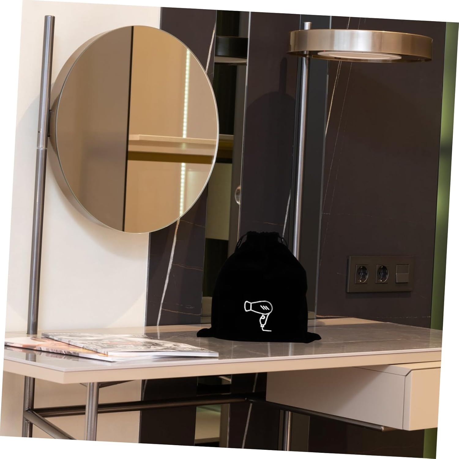 CTIRCHIU Black Flannel Hair Dryer Storage Pouch with Drawstring Closure Capacity Travel Bag for Guest Organization and Easy Hanging image number 3