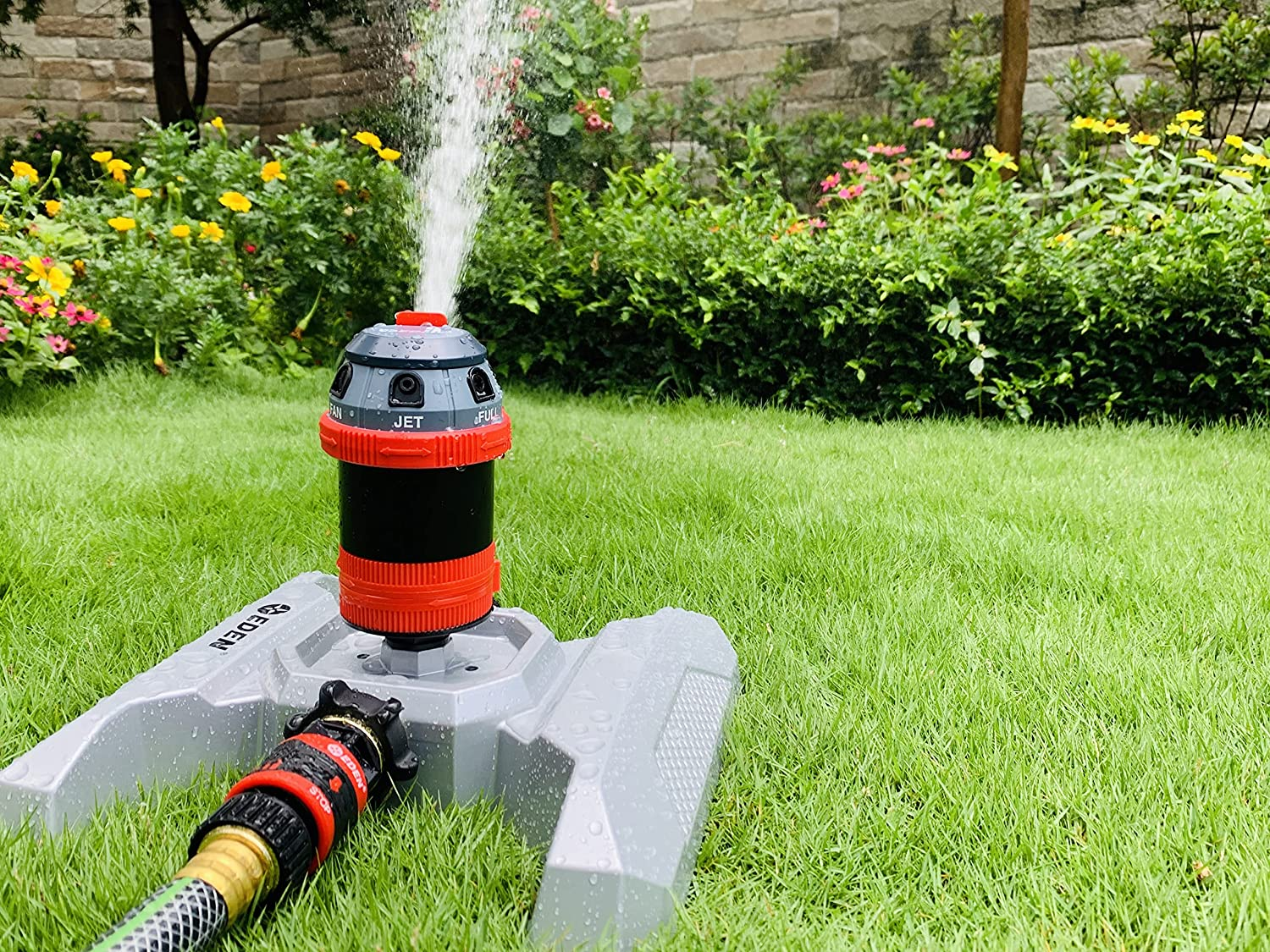 Eden 96122 Metal Adjustable 6-Pattern Mobile Rotary Gear Drive Garden Sprinkler for Yard W/Quick Connect Starter Set, Waters up to 80 Ft. in Diameter image number 2